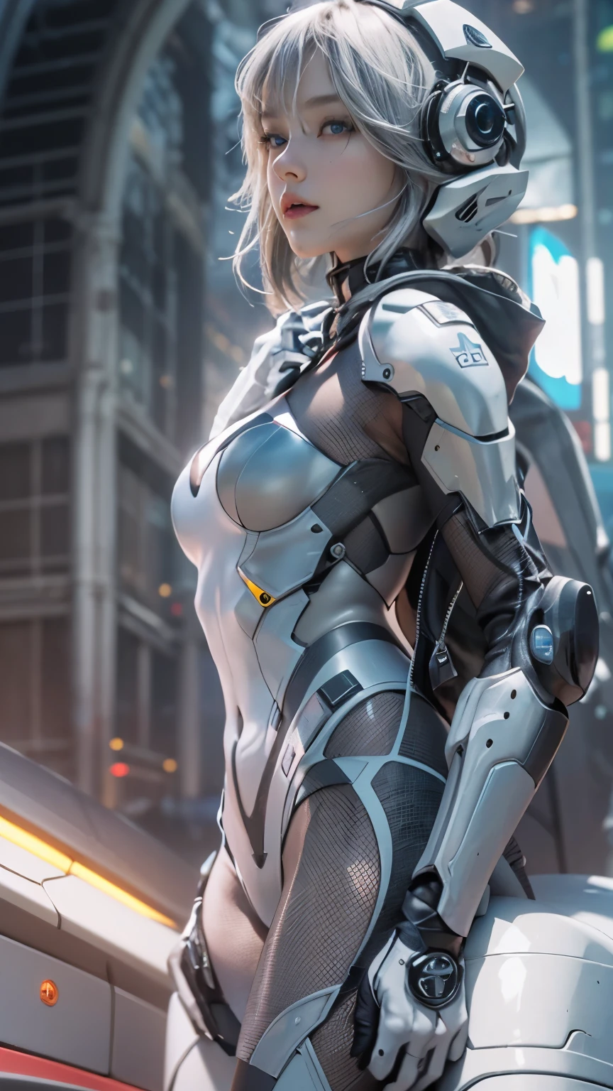 best image quality, excellent details, ultra high resolution, (realism: 1.4), best illustrations, Favor details, condensed 1girl, With a delicate and beautiful face, Dressed in a black and silver mecha, wearing a mechanical helmet, with directional controller, riding a motorcycle, cool beauty,tall girl,short hair,silver hair,Accurately express details such as faces and skin textures,beautiful eyes, blue eyes,double eyelid,delicate skin,slender body shape,alone,medium breasts,The background is a high-tech lighting scene of a futuristic city.