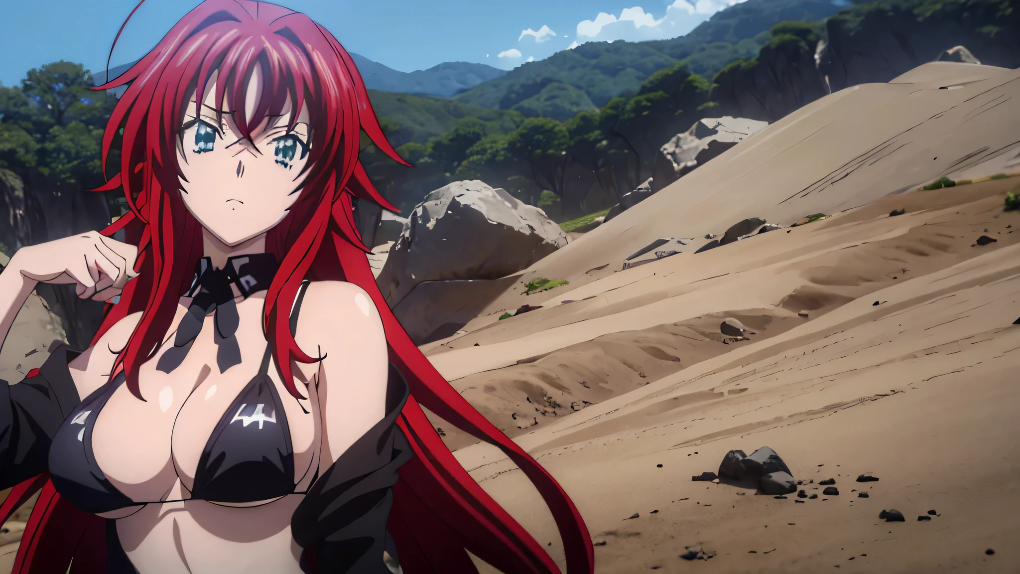 (((picture perfect))), (absurdres), 1girl, solo, rias gremory, shy face, ((upper body)), (large breasts), ((wearing black micro bikini))