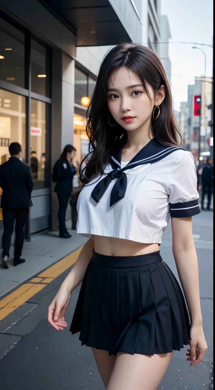 (highest quality:1.4), (hyper quality), (Super detailedな), 1 beautiful girl, (group of female high school students:1.3), Super cute, wonderful face and eyes, (Short-sleeved sailor suit made of thin white fabric), Black pleated micro mini skirt with low rise:1.1, (black pleated mini skirt:1.5), (Beautiful and incredibly big breasts:1.3), (The shape of the nipple protrusions through the uniform:1.4), (uniform is not exposed:1.2), (The fabric of the uniform is thin and the shape of her chest is clearly visible.:1.3), Realistic uniform wrinkles, (underboob:1.3), (Massaging her breasts over her uniform:1.2), (slender body:1.1), (slender and long beautiful legs), (thin waist), real skin texture, crystal clear very white skin, (bangs:1.2), earrings, light makeup, (Don&#39;t look at me, look ahead), beautiful goddess advent, beautiful background, golden ratio, conceptual art, Super detailed, Accurate, advanced details, walk through a crowd on a street corner, My chest sways, Super close, sexy art, Under the summer sun, bright light, Super delicate illustration details, Highly detailed CG integrated 8k wallpaper, RAW photo, professional photos, cinematic lighting, Depth of the bounds written, No bra, (The nipple protrusions push up the uniform), cropped tops, High heels on bare feet