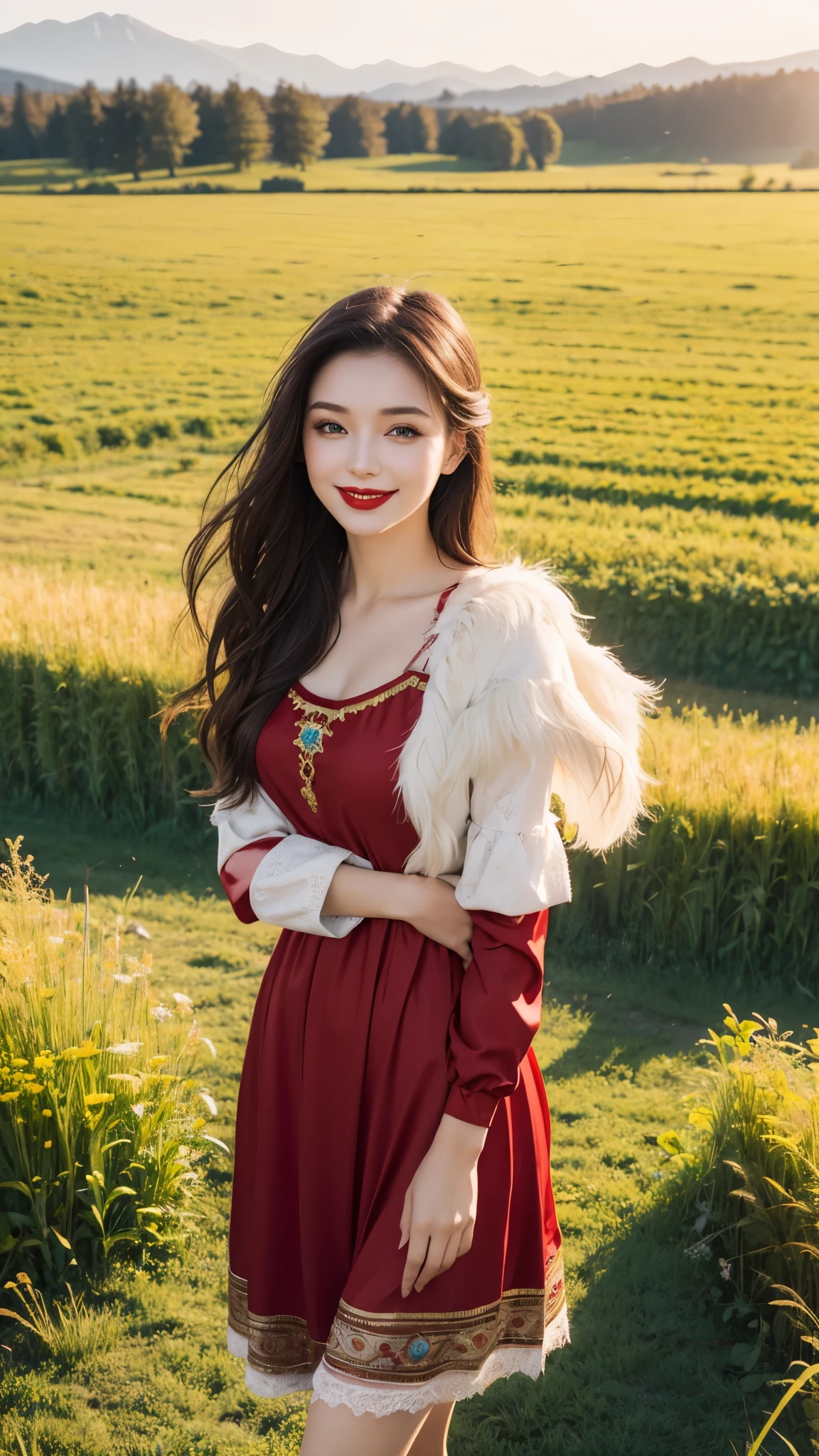 beautiful girl, russian makeup, russian girl, red lips, smiling, sexy peasant costume, standing in the middle of the field, field landscape, bundle of straw,