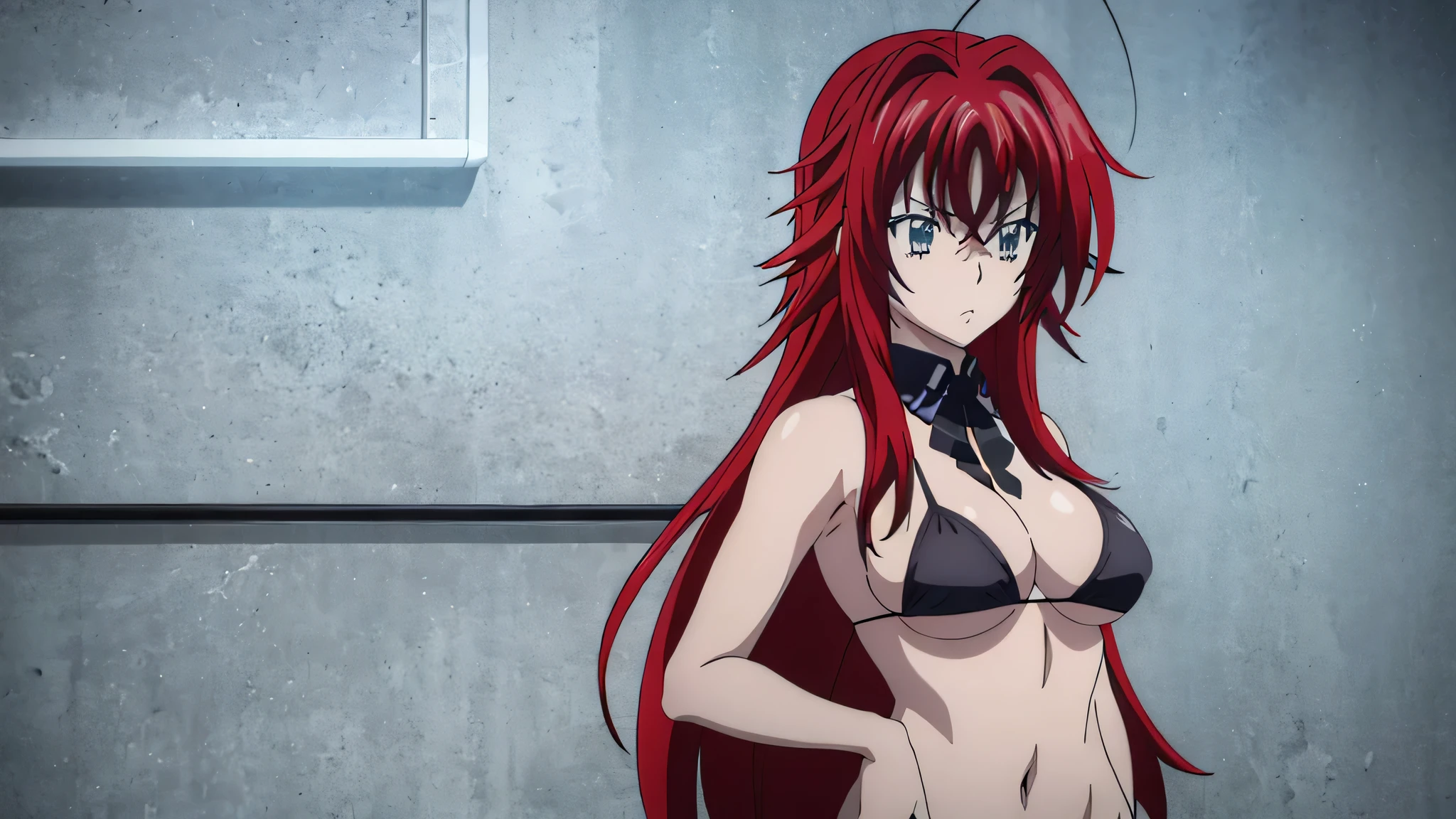 (((picture perfect))), (absurdres), 1girl, solo, rias gremory, shy face, ((upper body)), (large breasts), ((wearing black micro bikini))