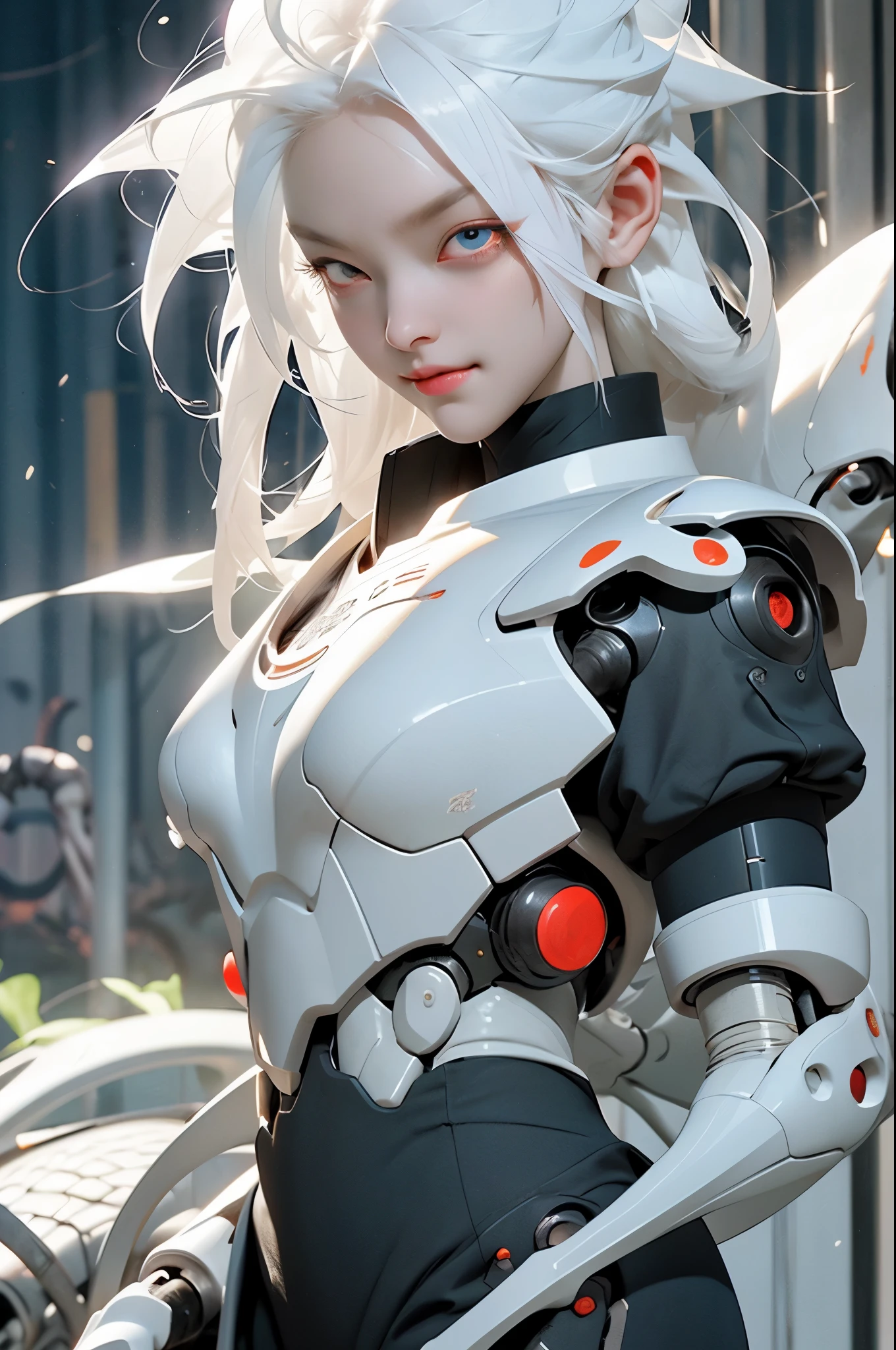 white hair，antenna，Huang Li，of，cyborgs，Exoskeleton，part，完美of臉，skull，joist，red eyes，Keep your eyes open，Action pose，motion blur，masterpiece，丰富of图形，讲故事of图像，high quality，Blurred foreground，high resolution，high detail