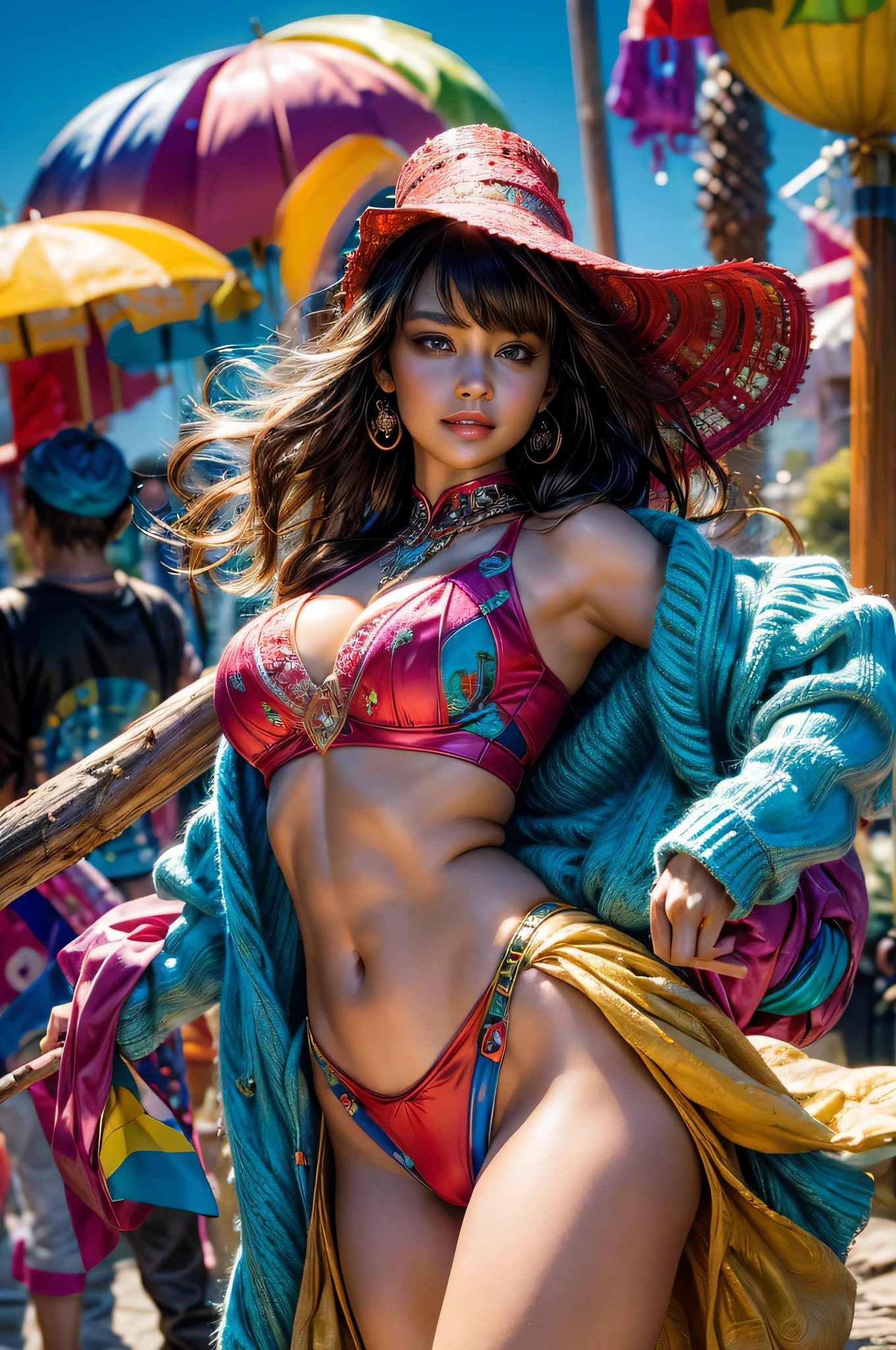 8kUHD, highly detailed natural skin, skin depressions, intricate details, (accurate anatomy body), (Photorealistic stick: 1.5), sharp focus, high quality and colorful, 1girl, a woman with a refreshing atmosphere, Beautiful face, detailed face, refreshing smile, perfect proportions, huge breasts, thin waist, navel, crotch gap, thighs, costumes of various colors and bright patterns, innovative fashion style, the background is abstract and fantastic , the space is filled with colorful tones, dynamic movements and expressive poses, the effects of light and shadow are skillfully expressed, and the details of costumes, faces, and expressions are colorful and vividly artistic.
The overall atmosphere is refreshing, avant-garde painting, colorful tones, vivid, visually stimulating, arousing aesthetics, giving excitement and surprise to the viewer, avant-garde style, colorful colors, exhilarating atmosphere,