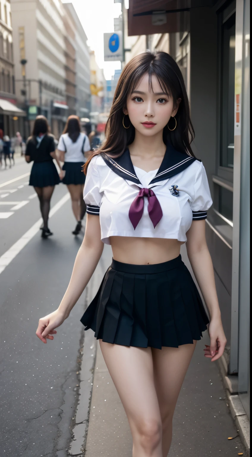 (highest quality:1.4), (hyper quality), (Super detailedな), 1 beautiful girl, (group of female high school students:1.3), Super cute, wonderful face and eyes, (Short-sleeved sailor suit made of thin white fabric), Black pleated micro mini skirt with low rise:1.1, (black pleated mini skirt:1.5), (Beautiful and incredibly big breasts:1.3), (The shape of the nipple protrusions through the uniform:1.4), (uniform is not exposed:1.2), (The fabric of the uniform is thin and the shape of her chest is clearly visible.:1.3), Realistic uniform wrinkles, (underboob:1.3), (Massaging her breasts over her uniform:1.2), (slender body:1.1), (slender and long beautiful legs), (thin waist), real skin texture, crystal clear very white skin, (bangs:1.2), earrings, light makeup, (Don&#39;t look at me, look ahead), beautiful goddess advent, beautiful background, golden ratio, conceptual art, Super detailed, Accurate, advanced details, walk through a crowd on a street corner, My chest sways, Super close, sexy art, Under the summer sun, bright light, Super delicate illustration details, Highly detailed CG integrated 8k wallpaper, RAW photo, professional photos, cinematic lighting, Depth of the bounds written, No bra, (The nipple protrusions push up the uniform:1.2), cropped tops, High heels on bare feet