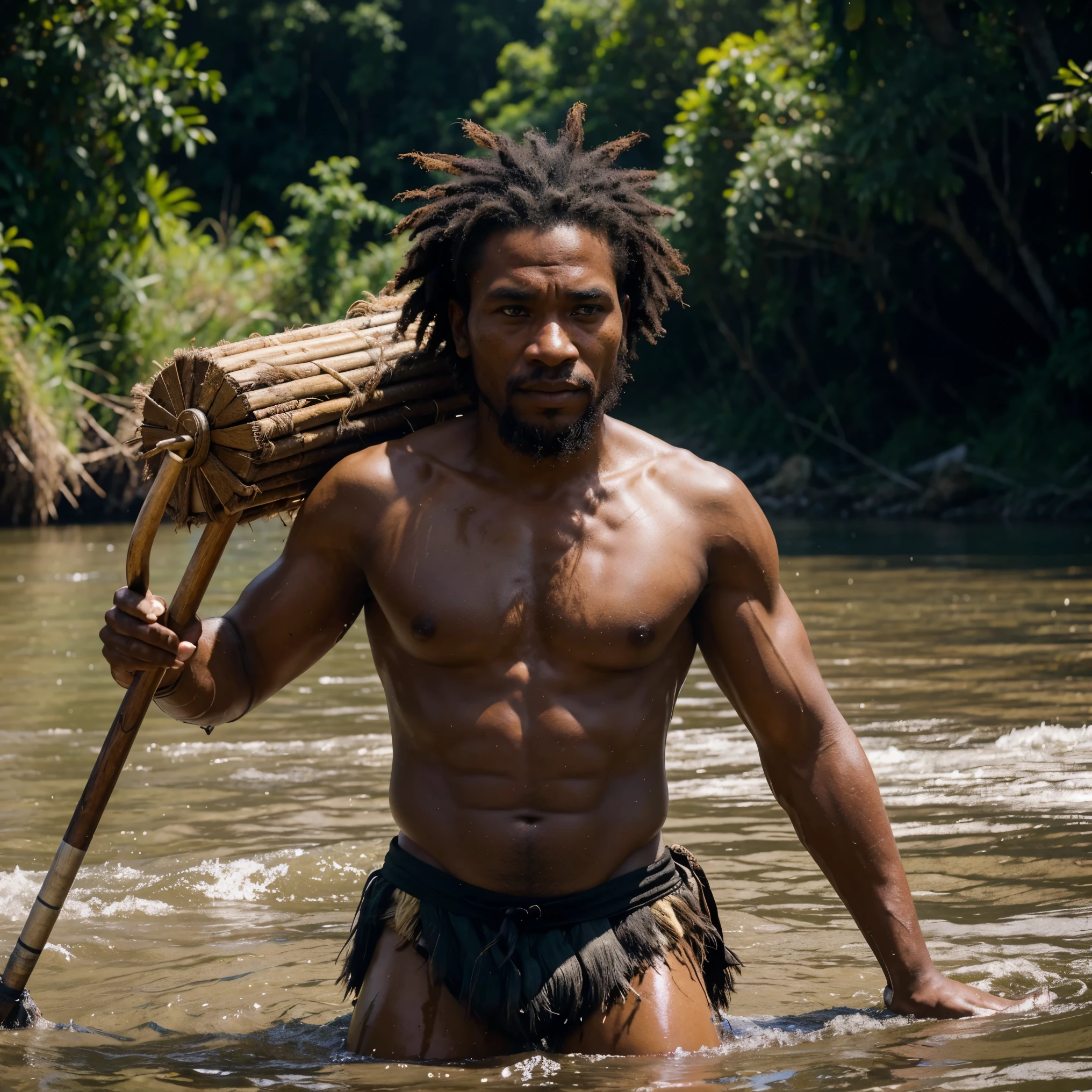 Capture the vivid scene of a Papua New Guinea tribesman, standing resolutely on a makeshift raft as it glides down a powerful river. With a weathered wooden shield in one hand and a black club baton in the other, he navigates the waters with determination. The hyper-realistic cinematic shot highlights the vibrant colors of his surroundings, showcasing the raw beauty of his journey."