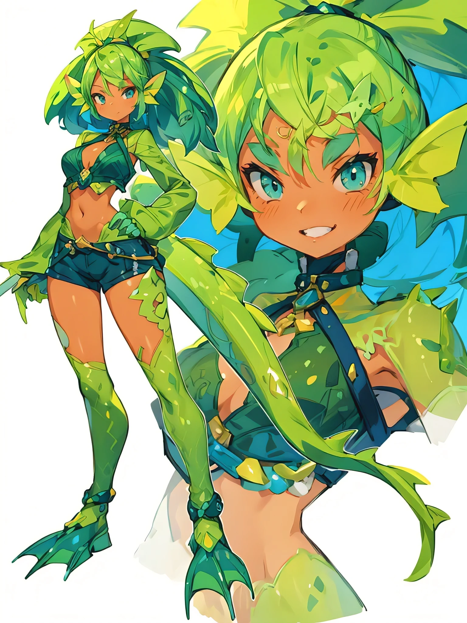 vibrant stingray girl, cartoon wakfu style, character sheet, character design, concept art, detailed, best quality, white background, 32k uhd