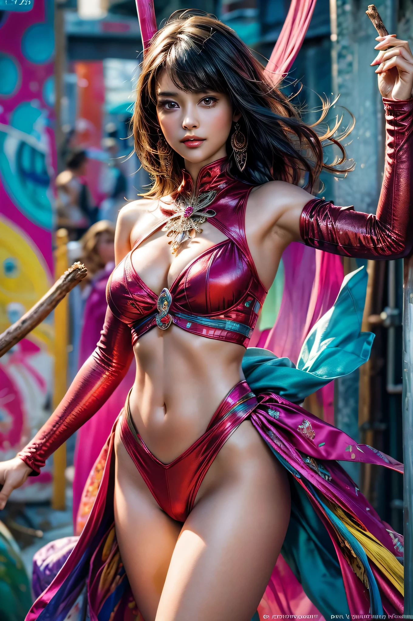 8kUHD, highly detailed natural skin, skin depressions, intricate details, (accurate anatomy body), (Photorealistic stick: 1.5), sharp focus, high quality and colorful, 1girl, a woman with a refreshing atmosphere, Beautiful face, detailed face, refreshing smile, perfect proportions, huge breasts, thin waist, navel, crotch gap, thighs, costumes of various colors and bright patterns, innovative fashion style, the background is abstract and fantastic , the space is filled with colorful tones, dynamic movements and expressive poses, the effects of light and shadow are skillfully expressed, and the details of costumes, faces, and expressions are colorful and vividly artistic.
  The overall atmosphere is refreshing, avant-garde painting, colorful tones, vivid, visually stimulating, arousing aesthetics, giving excitement and surprise to the viewer, avant-garde style, colorful colors, exhilarating atmosphere,