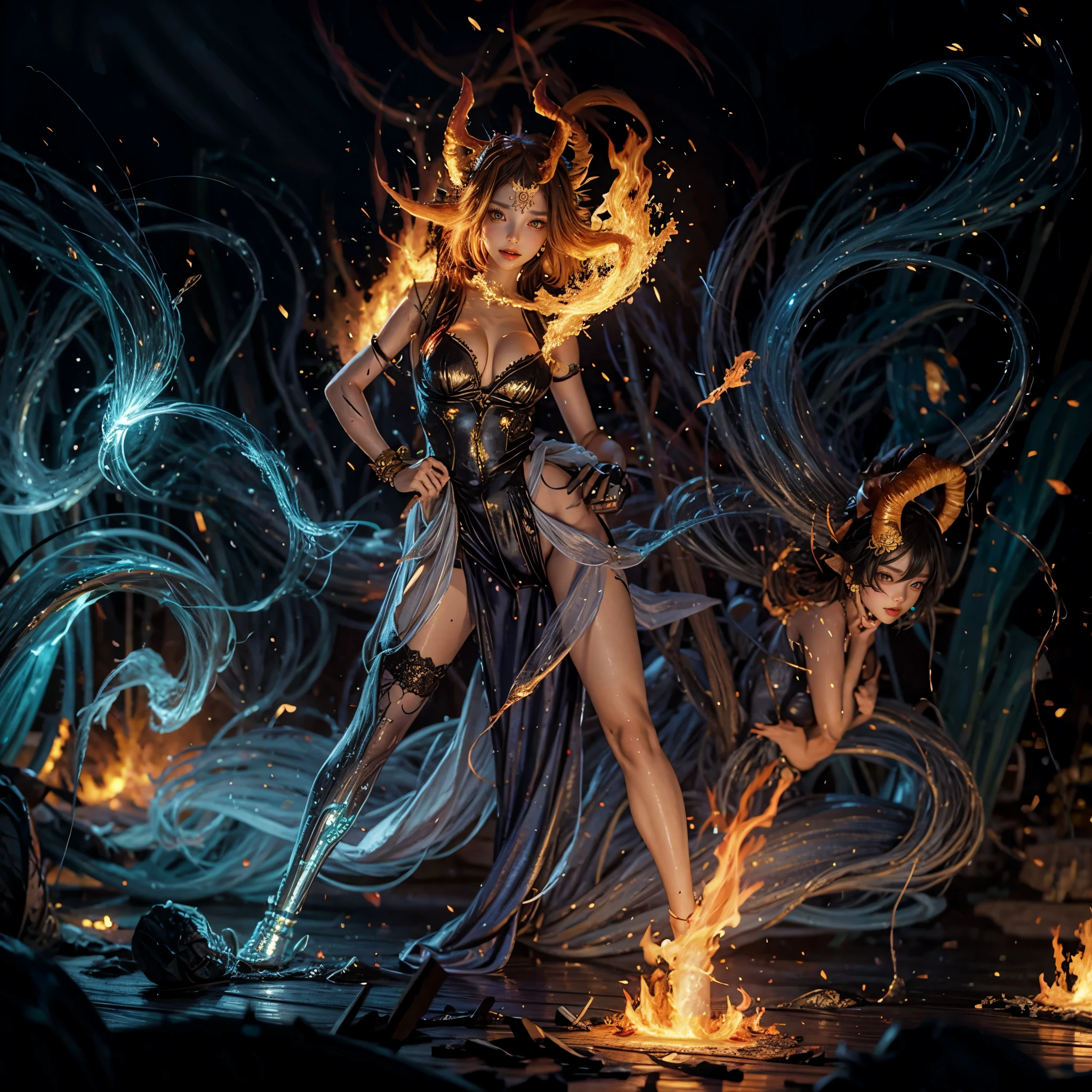 (NSFW:-1, Exposed:0.75), (((nipple:-1, horns:-1, extra ears:-1))), (bokeH, Acutance:0.85, Ultra-detailed:1.35), (Masterpiece, best quality, highres, realistic:1.37), (sexy Ifrit clad in flames with aura:1.28), (all outfits made of flames), (many colorful lights and sparks in blurred background:1.2), detailed gaze, seductive lips, alluring pose, mesmerizing atmosphere . BREAK  (Luminous Particles:1.15), full of fire covering and surrounding whole Body, filled with flames, ruins, fiery Sky, a cigarette hold in mouth .