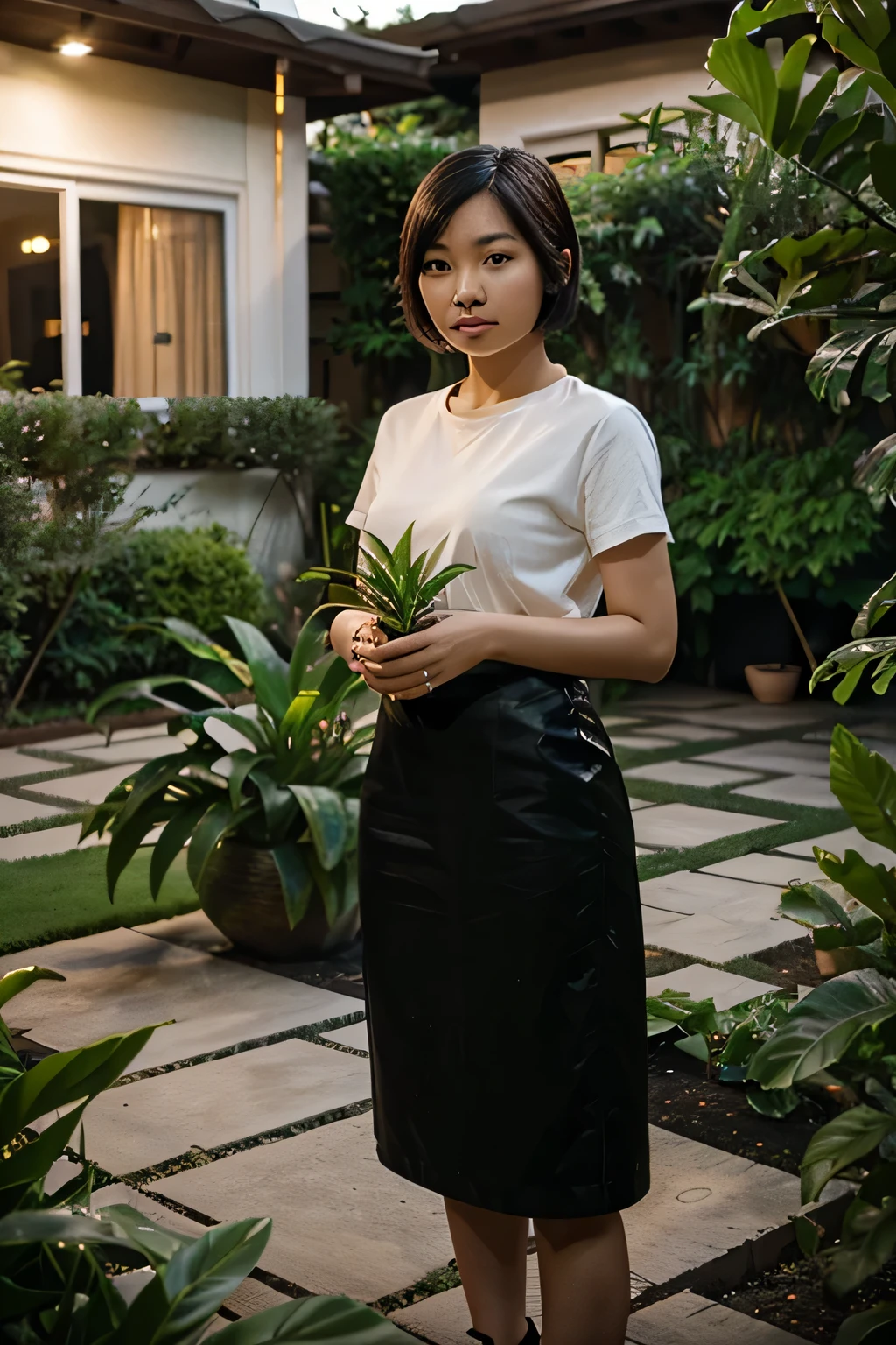 A young Asian woman with short hair waters a large plant in the front garden in the evening..