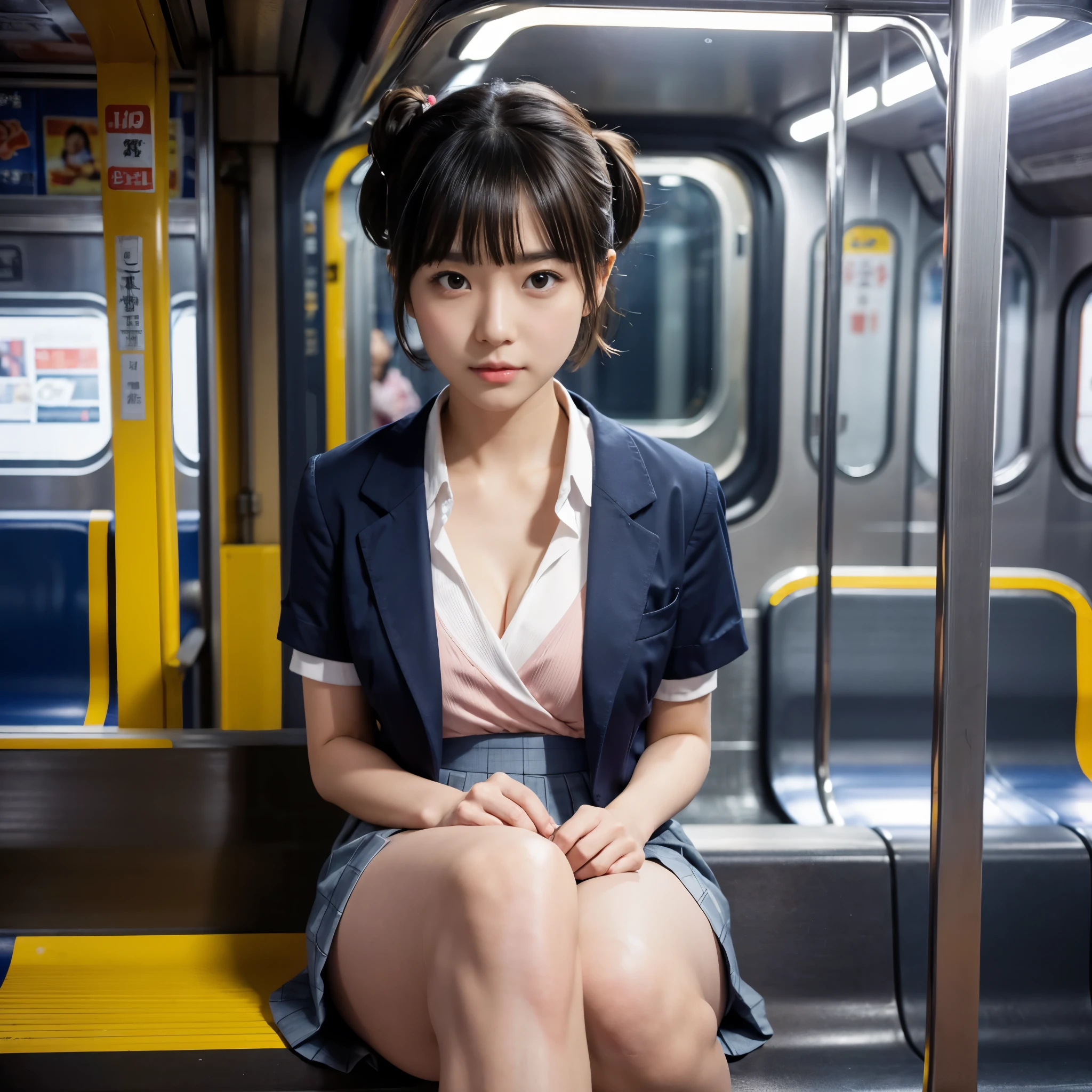 (realistic、Like a photograph、live action、8k, Photoreal, RAW photo, best image quality: 1.4), Single-lens reflex camera、RAW photo, highest quality, realistic, Highly detailed CG Unity 8k wallpaper, Depth of written boundary, cinematic light, Lens flare, ray tracing, realistic background、(school uniform:1.4、pleated skirt、cleavage:1.37、big breasts、skirt lift:1.2)、((super dense skin))、 1 girl,cute japanese girl、Japanese high school girl、((whole body:1.5)、look forward to、looking at the viewer:1.1、upward glance、embarrassed look、random hairstyle:1.2、i like the style、Snazzy、Super detailed、pay attention to details、short bob、hair arrangement、hair up、perfect costume、(white skin)、beautiful feet:1.1,sit on the subway、View from the front、thighs、panty shot