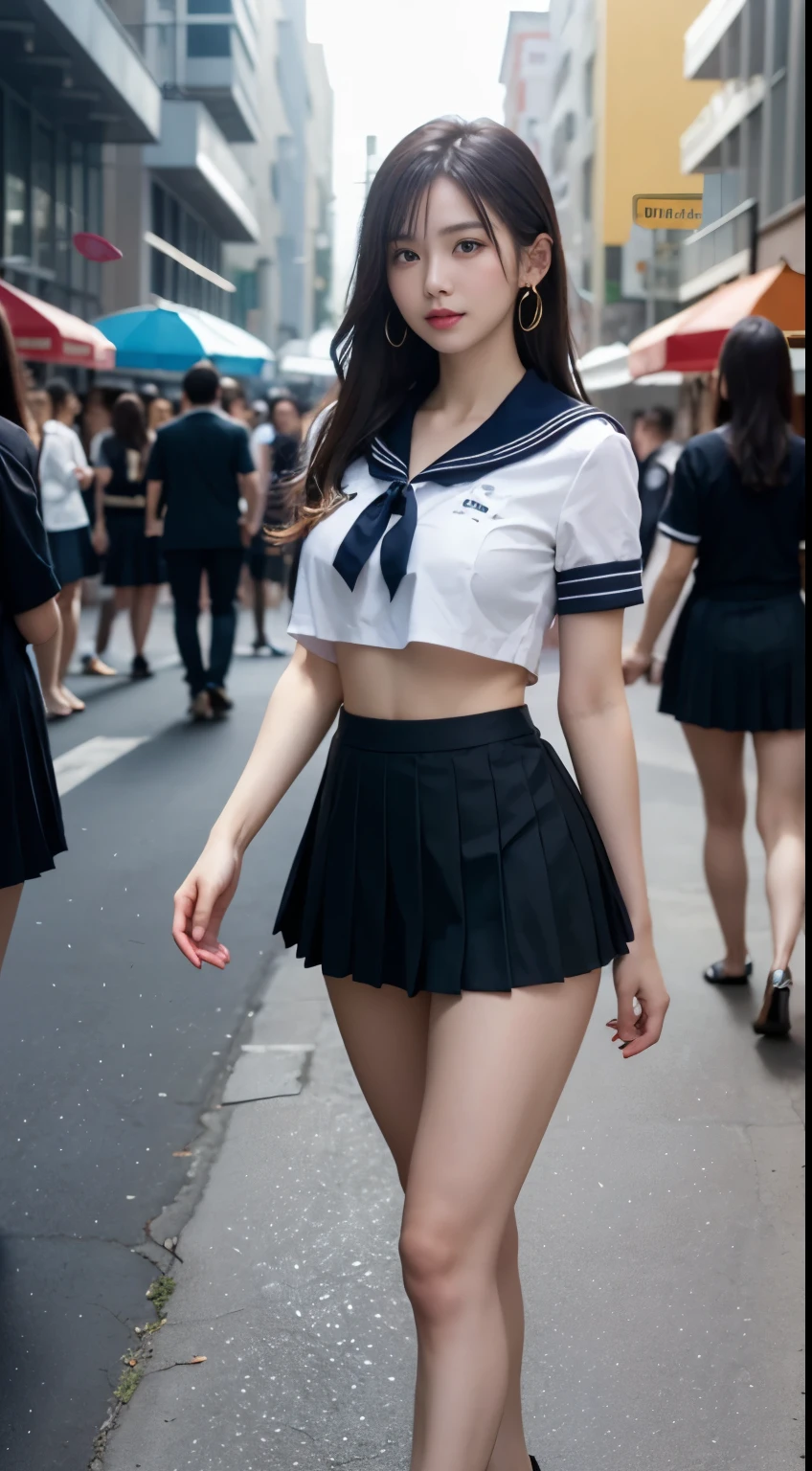 (highest quality:1.4), (hyper quality), (Super detailedな), 1 beautiful girl, (group of female high school students:1.3), Super cute, wonderful face and eyes, (Short-sleeved sailor suit made of thin white fabric), Black pleated micro mini skirt with low rise:1.1, (black pleated mini skirt:1.5), (Beautiful and incredibly big breasts:1.3), (The shape of the nipple protrusions through the uniform:1.4), (uniform is not exposed:1.2), (The fabric of the uniform is thin and the shape of her chest is clearly visible.:1.3), Realistic uniform wrinkles, (underboob:1.3), (Massaging her breasts over her uniform:1.2), (slender body:1.1), (slender and long beautiful legs), (thin waist), real skin texture, crystal clear very white skin, (bangs:1.2), earrings, light makeup, (Don&#39;t look at me, look ahead), beautiful goddess advent, beautiful background, golden ratio, conceptual art, Super detailed, Accurate, advanced details, walk through a crowd on a street corner, My chest sways, Super close, sexy art, Under the summer sun, bright light, Super delicate illustration details, Highly detailed CG integrated 8k wallpaper, RAW photo, professional photos, cinematic lighting, Depth of the bounds written, No bra, (The nipple protrusions push up the uniform:1.2), cropped tops, High heels on bare feet