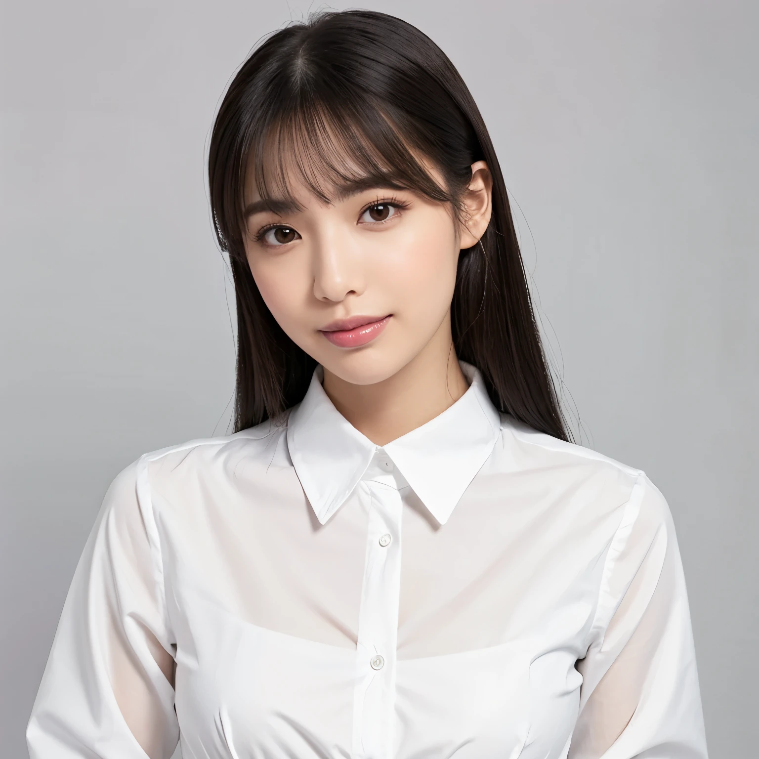 (highest quality、table top、8k、best image quality、Award-winning work)、1 beautiful woman、(formal straight medium hair:1.1)、(wearing a perfect white shirt made of polyester:1.1)、(Perfect and precise polyester long sleeve shirt:1.1)、smile looking at me、(big breasts:1.2)、(emphasize body line:1.2)、(Close-up of face 1.3)、(A woman perfectly positioned in the center of the screen:1.1)、(look straight at me from the front:1.3)、(Upright posture facing me directly:1.3)、(Stand upright and face straight ahead.:1.3)、elegant makeup、Ultra high definition beauty face、ultra high definition hair、Super high-definition sparkling eyes、Super high resolution glossy lips、accurate anatomy、very beautiful skin、Super high-definition glowing beautiful skin、(Plain white simple background:1.5)、(The most elegant and perfect frontal upright posture:1.2)