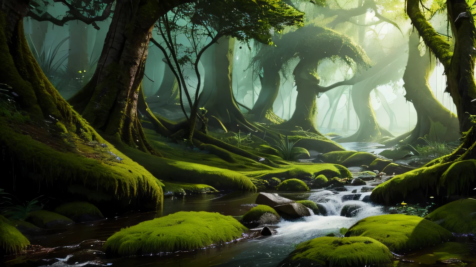dungeons and dragons landscape image high quality 4k swamp, moss growing on trees, vines thick undergrowth watery murky mucky swamp biome