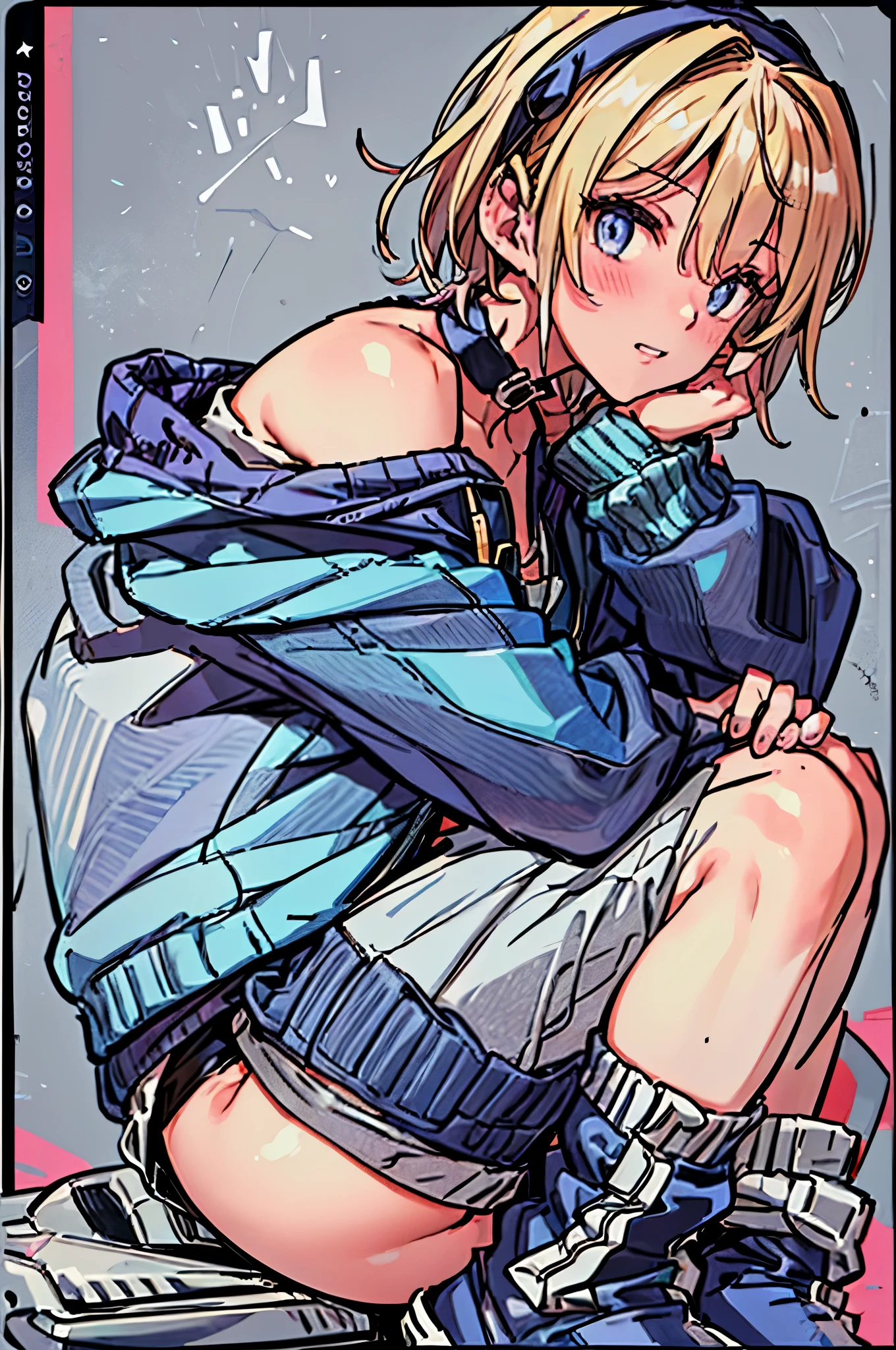 best quality,ultra-detailed,((background:inside the room1,8)),((full body)),((one boy)),((fem boy)),((trap)),((bulge)),((hugging own legs)),black-choker,((blonde short hair)),((man’s face)),((dress up as a woman)),((blush)),((flustred)),((poor chest)),((flat chest)),(hooded jacket),(off-shoulder tops),(black-mesh-tops),(denim shorts),(short-length-leggings),(leggings-in black),(white loose socks),(sneakers),((having a shoulder-bag)),vibrant colors,soft lighting,