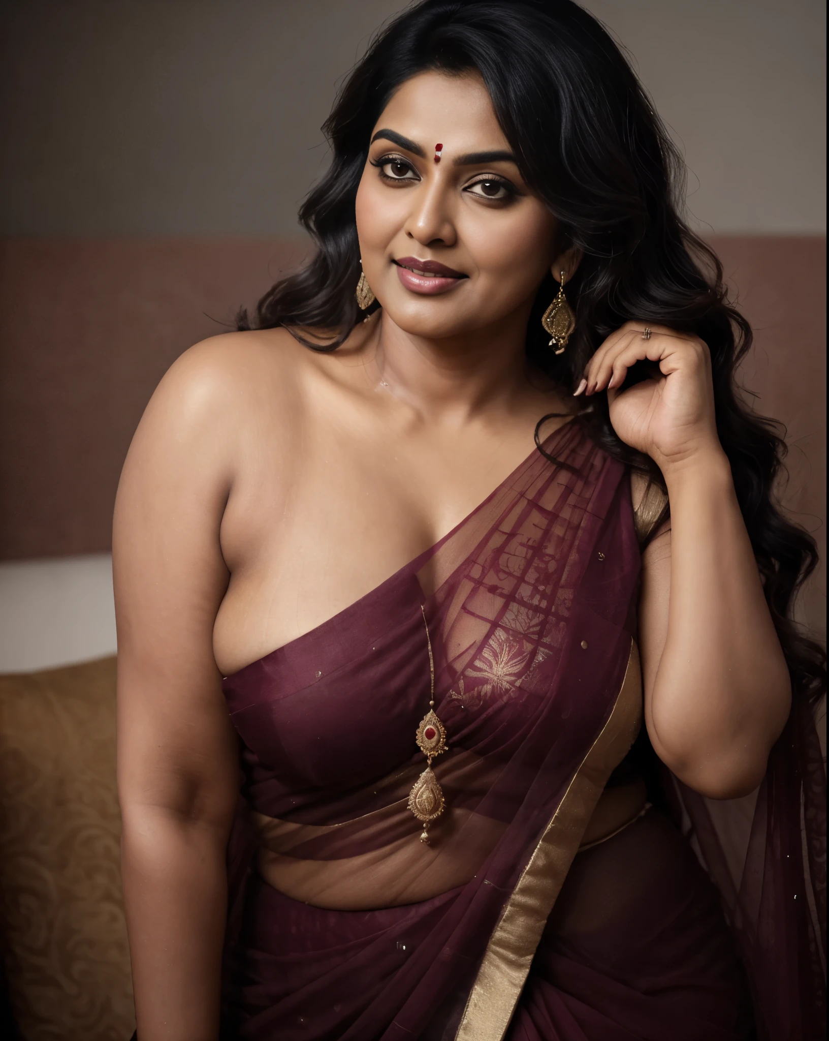 Looks like Indian Actress khushboo Sundar, actress khusbu Sundar, mallu, mallu aunty, desi aunty, full figured mature beauty, attractive figure, 48 years old, desi milf, desi aunty, a close up of a woman in a red dress on a runway, inspired by Avigdor Arikha, sleek!!!, indian super model, wavy hair combed to one side, actress, by Jitish Kallat, smoldering, intense smoldering, fashion, an angel, print ready, with a dramatic looking, inspired by Sudip Roy, tense look