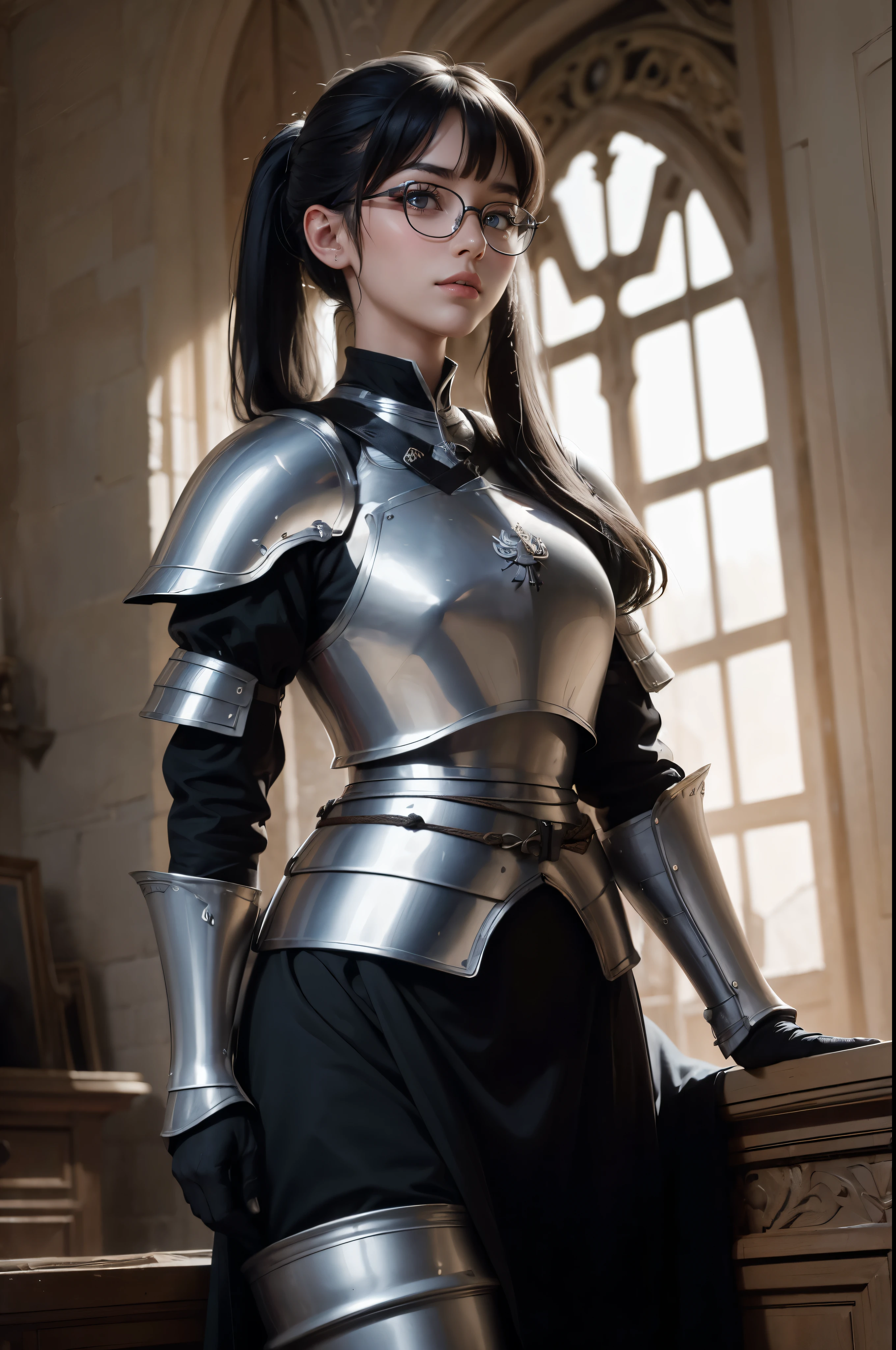 ((Wide angle view of the Hundred Years' War in France)), beautiful young woman, black hair in a ponytail, smooth, wear glasses, สวมชุดเกราะของ Jeanne d'Arc