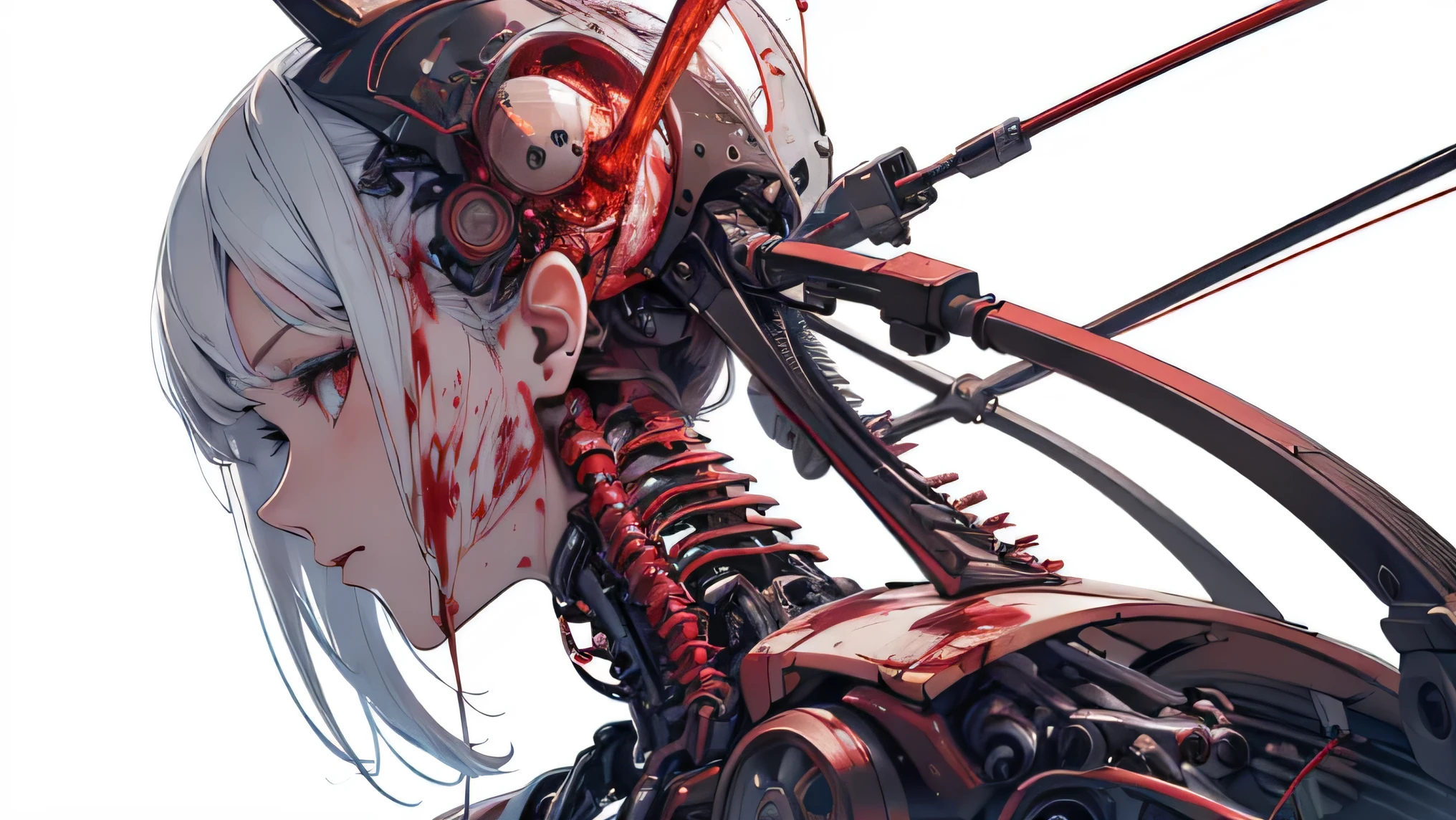 (masterpiece, top quality, best quality, official art, beautiful and aesthetic:1.2), (1girl:1.3), extreme detailed,colorful,highest detailed ((ultra-detailed)), (highly detailed CG illustration), ((an extremely delicate and beautiful)),(from side),cinematic light,((1mechanical girl)),solo,full body, big (machine made joints:1.2),((machanical limbs)),(blood vessels connected to tubes),(mechanical vertebra attaching to back),((mechanical cervial attaching to neck)),(sitting),expressionless,(wires and cables attaching to neck:1.2),(wires and cables on head:1.2)(character focus),science fiction,white background,(blood:1.5)