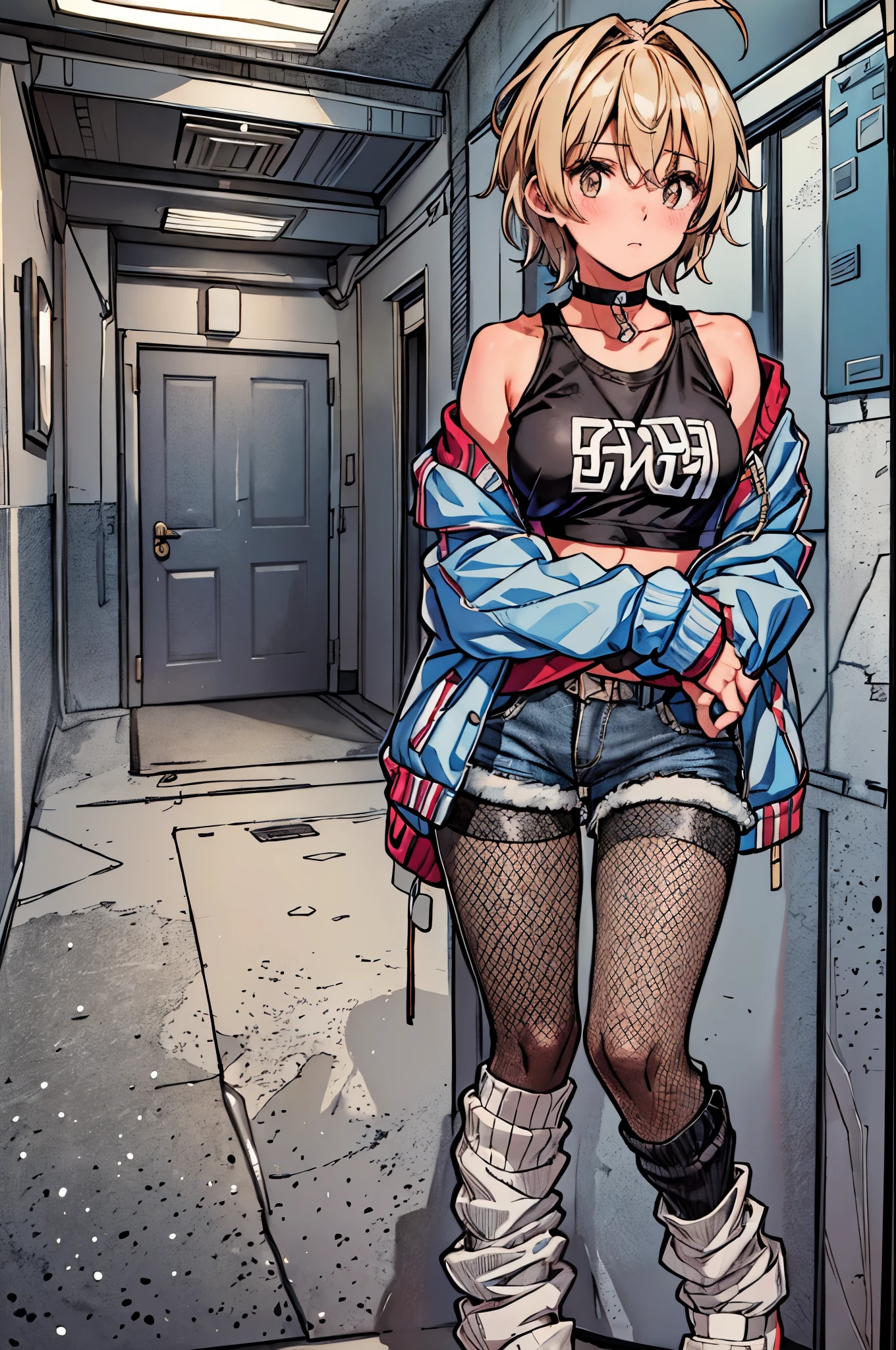 masterpiece, Best quality,
1 Girl, tiny, blonde hair, short hair, Blue eyes, mask of goals, Bandage on the nose, brown dress, full body,
smile, solo, looking at the viewer, on junkyard, panties, upskirt, wet legs, under view, skirt lift