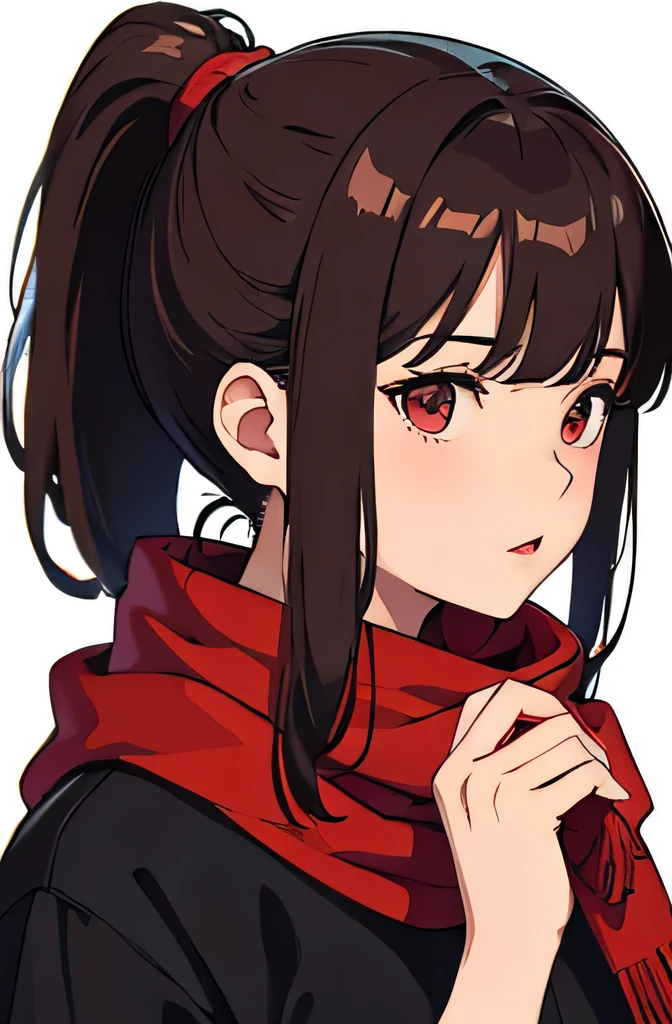 1 female、Asian 19 year old holding a red scarf in his hand, bangs、medium bob、red-brown god、ponytail, Wearing a button-down shirt, In the style of semi-realistic anime portraits