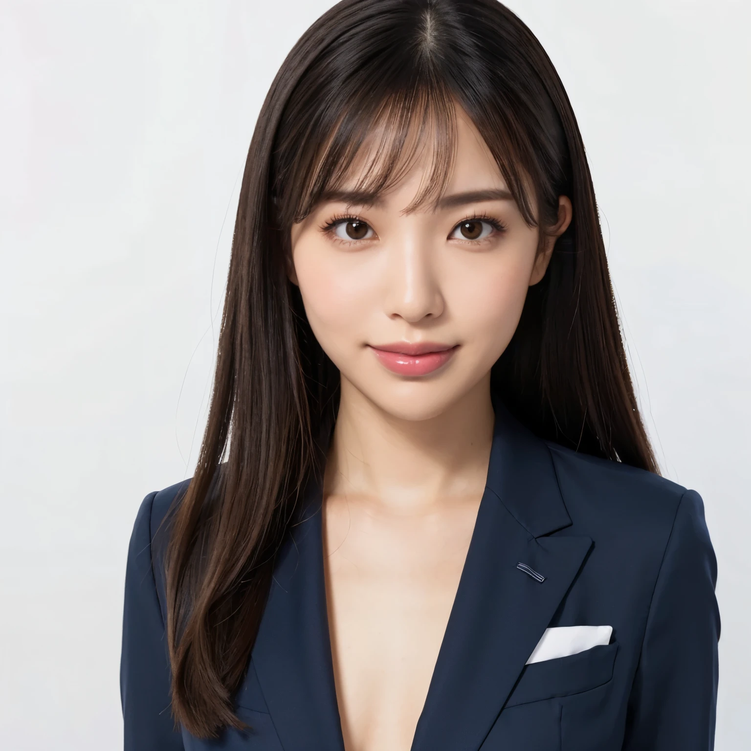 (highest quality、table top、8k、best image quality、Award-winning work)、1 beautiful woman、(formal straight medium hair:1.1)、(perfect navy business suit:1.4)、smile looking at me、big breasts、emphasize body line、(Close-up of face 1.5)、(A woman perfectly positioned in the center of the screen:1.1)、(Upright posture facing me directly:1.4)、(Stand upright and face straight ahead.:1.4)、elegant makeup、Ultra high definition beauty face、ultra high definition hair、Super high-definition sparkling eyes、Super high resolution glossy lips、accurate anatomy、very beautiful skin、Super high-definition glowing beautiful skin、(Plain white simple background:1.4)、(The most elegant and perfect frontal upright posture:1.2)