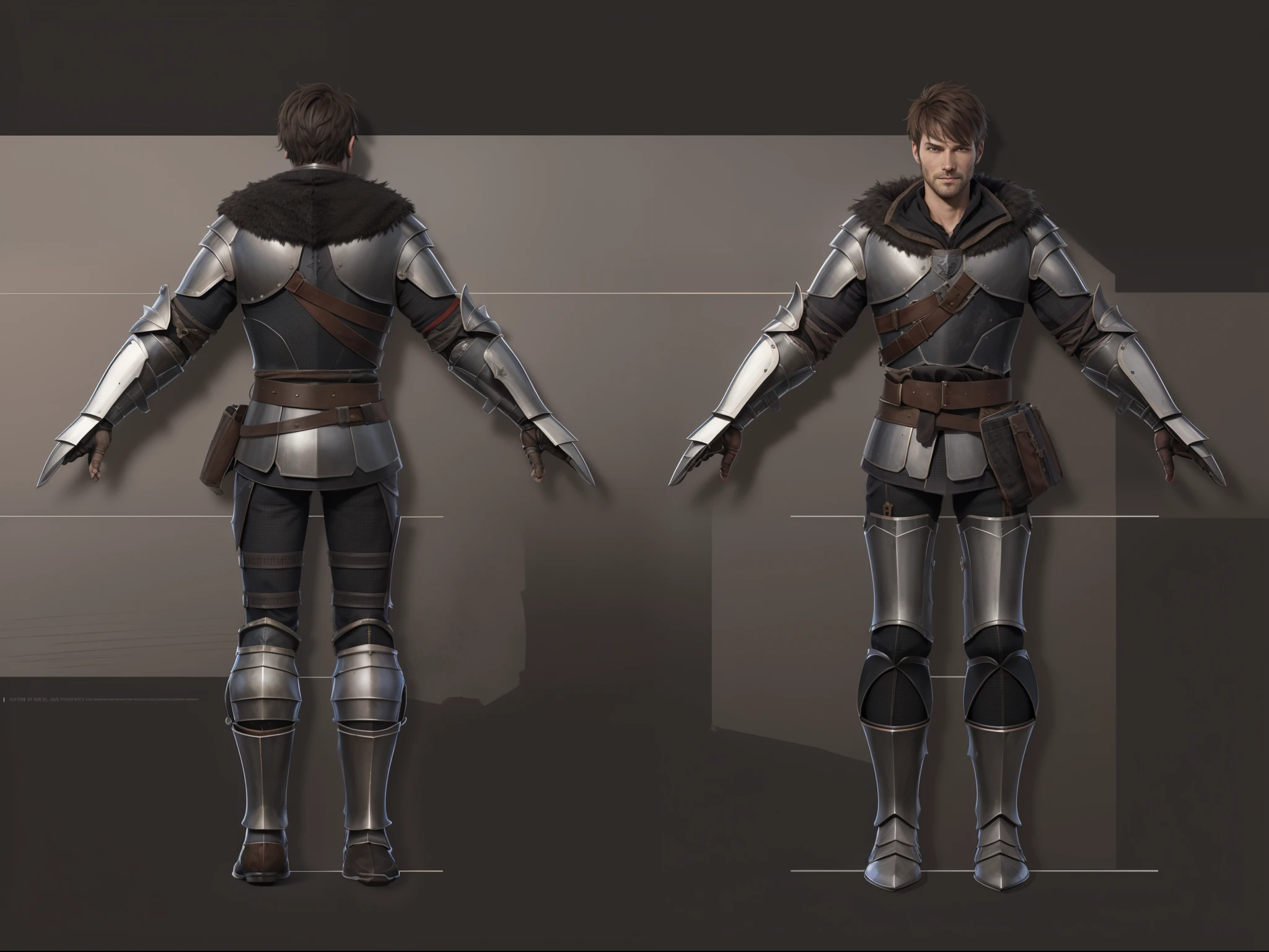 ( Realistic:1.33),(masterpiece:1.1),(highest quality:1.1),(HDR:1) a close up of a knight with moonlit armor , full body concept, detailed full body concept, medieval imperial knight style character, full body character concept, new costume concept design, full body details, detailed full body concept art, full character body, character model sheet turnaround, fullbody shot turnaround, concept character sheet, full body concept art, reference model sheet , full body concept art, medieval style character, game character design, concept character, full body character concept art, 3d character reference sheet, male, video game character concept, detailed character design, character sheet, character model sheet turnaround , front and back, front and back, Imperial knight armor, dark red costume, medieval red Gambeson, (leather belt, steel boot armor), gambeson, black leather belt, moonlit shoulder armor, grey clean background, 3D character