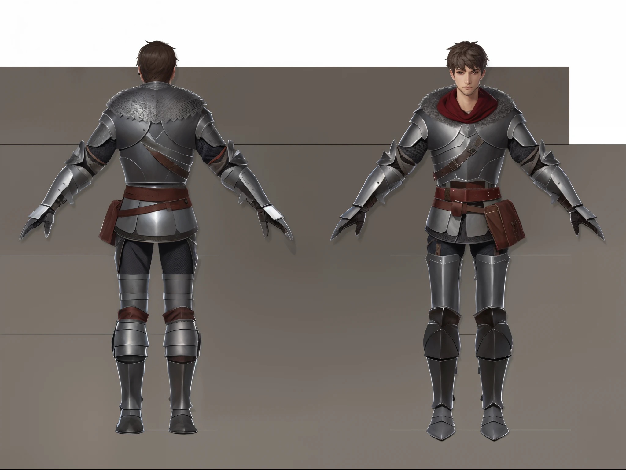 ( Realistic:1.33),(masterpiece:1.1),(highest quality:1.1),(HDR:1) a close up of a knight with moonlit armor , full body concept, detailed full body concept, medieval imperial knight style character, full body character concept, new costume concept design, full body details, detailed full body concept art, full character body, character model sheet turnaround, fullbody shot turnaround, concept character sheet, full body concept art, reference model sheet , full body concept art, medieval style character, game character design, concept character, full body character concept art, 3d character reference sheet, male, video game character concept, detailed character design, character sheet, character model sheet turnaround , front and back, front and back, Imperial knight armor, dark red costume, medieval red Gambeson, (leather belt, steel boot armor), gambeson, black leather belt, moonlit shoulder armor, grey clean background, 3D character