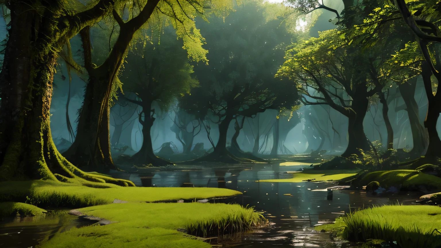 dungeons and dragons landscape image high quality 4k swamp, moss growing on trees, vines thick undergrowth, muddy, watery murky mucky swamp biome