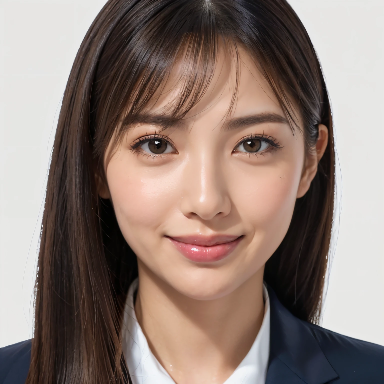 (highest quality、table top、8k、best image quality、Award-winning work)、1 beautiful woman、(formal straight medium hair:1.1)、(perfect navy business suit:1.5)、formal shirts、smile looking at me、emphasize body line、(Close-up of face 1.5)、(A woman perfectly positioned in the center of the screen:1.1)、(Upright posture facing me directly:1.4)、(Stand upright and face straight ahead.:1.4)、(face me completely squarely:1.5)、elegant makeup、Ultra high definition beauty face、ultra high definition hair、Super high-definition sparkling eyes、Super high resolution glossy lips、accurate anatomy、very beautiful skin、Super high-definition glowing beautiful skin、(Plain white simple background:1.4)、(The most elegant and perfect frontal upright posture:1.2)