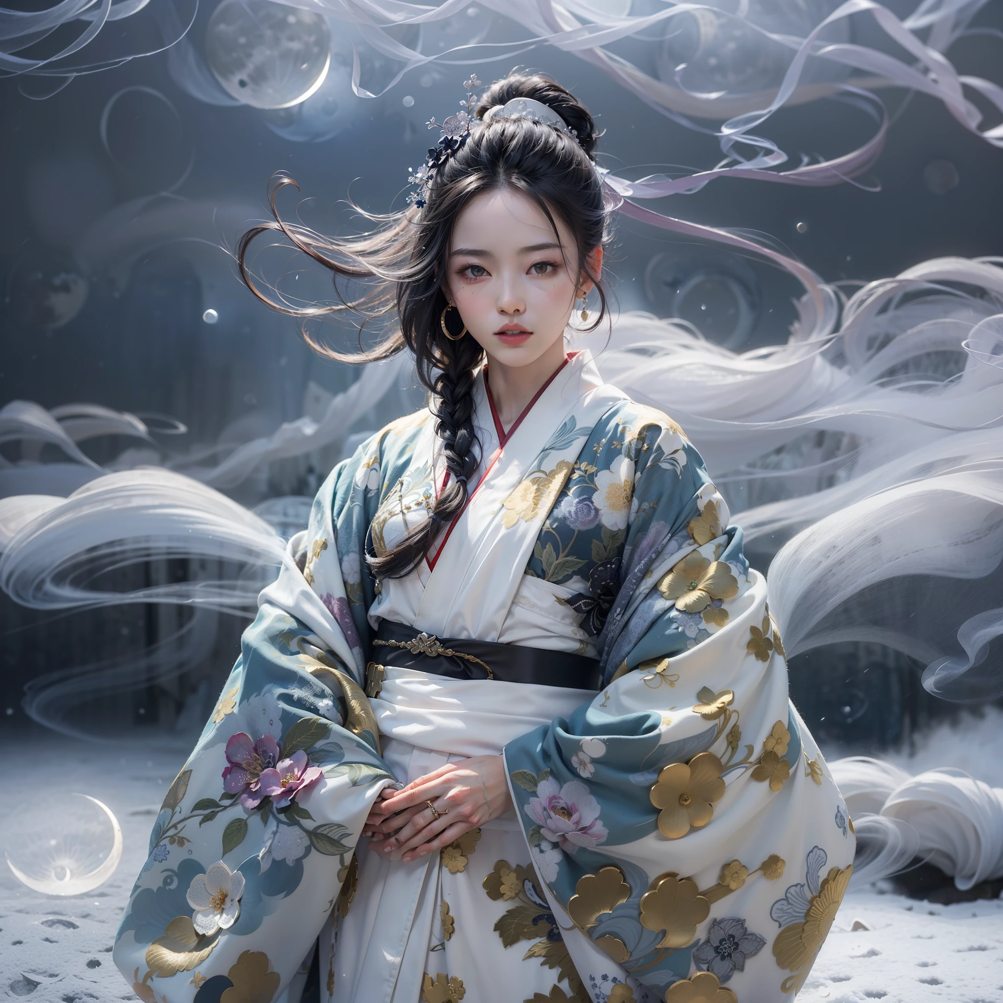 (Award-winning masterpiece, incredibly detailed, textured and maximally detailed), (Full body standing image:1.9), (Surrealistic:1.4), (Stunningly anatomically perfect and beautiful style:1.9), (Yuki-onna in Japanese folk tales:1.6)(precise perfect circle, symmetrical jet-black eyes), (detailed and breathtakingly beautiful face:1.6), (image of aesthetic and decadent atmosphere:1.7), (full-body standing image:1.9), (calm white old Japanese kimono covering the whole body is damaged in some places, elegantly and delicately patterned:1.8), (colorful white kimono in Japanese folk tales:1.8), (beautiful skin and face:1.6), (beautiful, windswept glossy hair:1.8), (Oiran's Hyogomage:0.6), (wearing decadent, delicately made accessories:1.8), (depraved beauty:1.6), (jet black eyes that seem to glow strongly from within:1.7), (Full Length Standing Image:1.9), (Less Skin Exposure:1.5), (Strong Moonlight Overhead:1.7), ((Dramatic Photo)), ((Cinematic Light)), (Looking Up), (Looking Down), (Dramatic Pose), (Smoke Effect and Enchanting Light:1.4), (Bamboo Thicket at the Back:0.3), Amida Hall in the back, vermilion torii gate, wind effects, swirling snow, winter storm, (fog drifting:1.3), blizzard ice field, quiet snowfield on moonlit night, snowy city at midnight, (full body standing image:1.9), (dark night, night with full moon, crescent moon), grand realistic, faded, ((neutral colors)), art, (HDR:1.5), (subdued colors:1.2), highly detailed, (art station:1.5), cinematic, warm light, light effects, dramatic light, (complex details:1.1), complex background, (greg latkowski:0.8), (teal and orange:0.4)