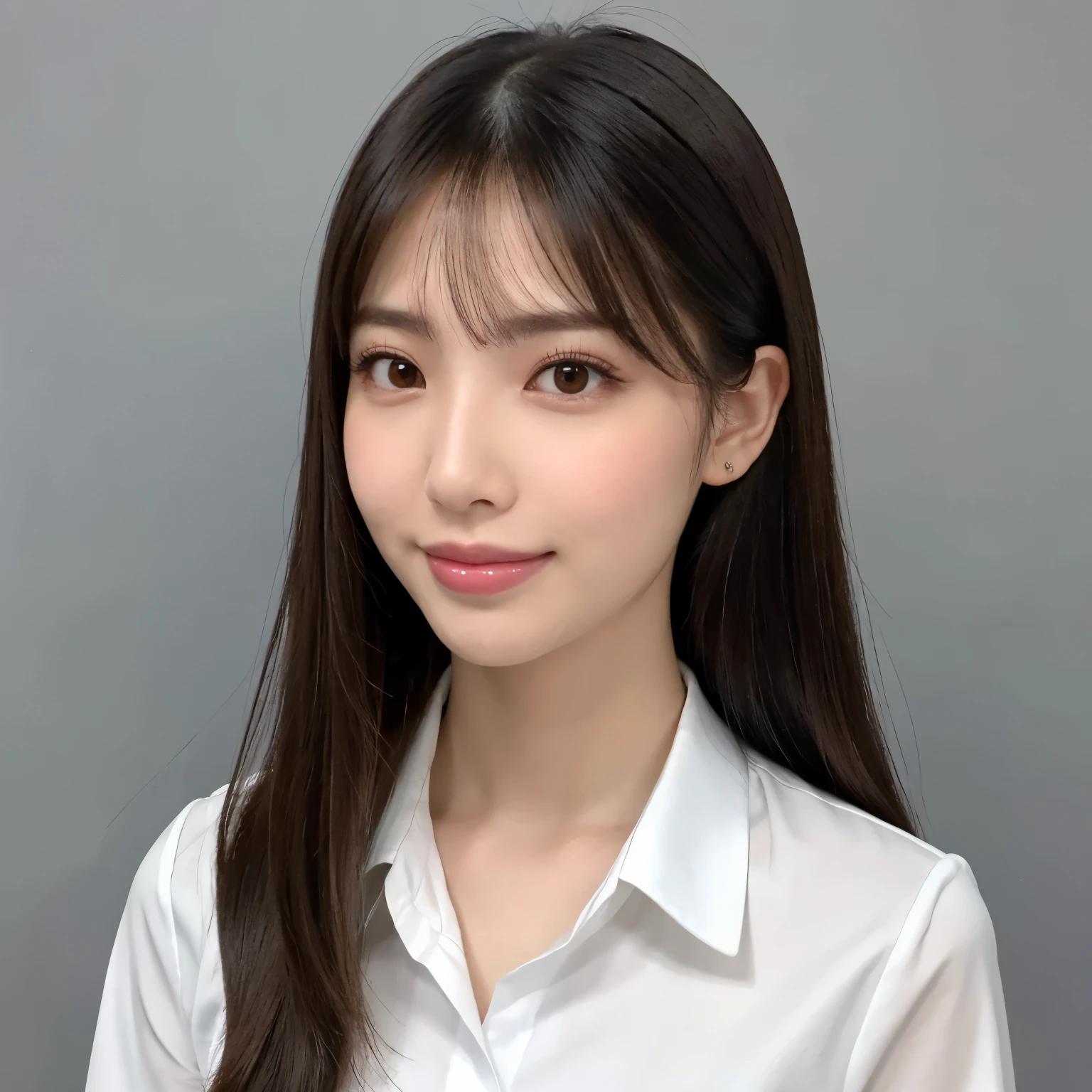 (highest quality、table top、8k、best image quality、Award-winning work)、1 beautiful woman、(formal straight medium hair:1.1)、(perfect and precise navy business suit:1.3)、formal shirts、smile looking at me、emphasize body line、(Close-up of face 1.3)、(A woman perfectly positioned in the center of the screen:1.1)、(Upright posture facing me directly:1.1)、(Stand upright and face straight ahead.:1.1)、(face me completely squarely:1.1)、elegant makeup、Ultra high definition beauty face、ultra high definition hair、Super high-definition sparkling eyes、Super high resolution glossy lips、accurate anatomy、very beautiful skin、Super high-definition glowing beautiful skin、(Plain white simple background:1.2)、(The most elegant and perfect frontal upright posture:1.1)