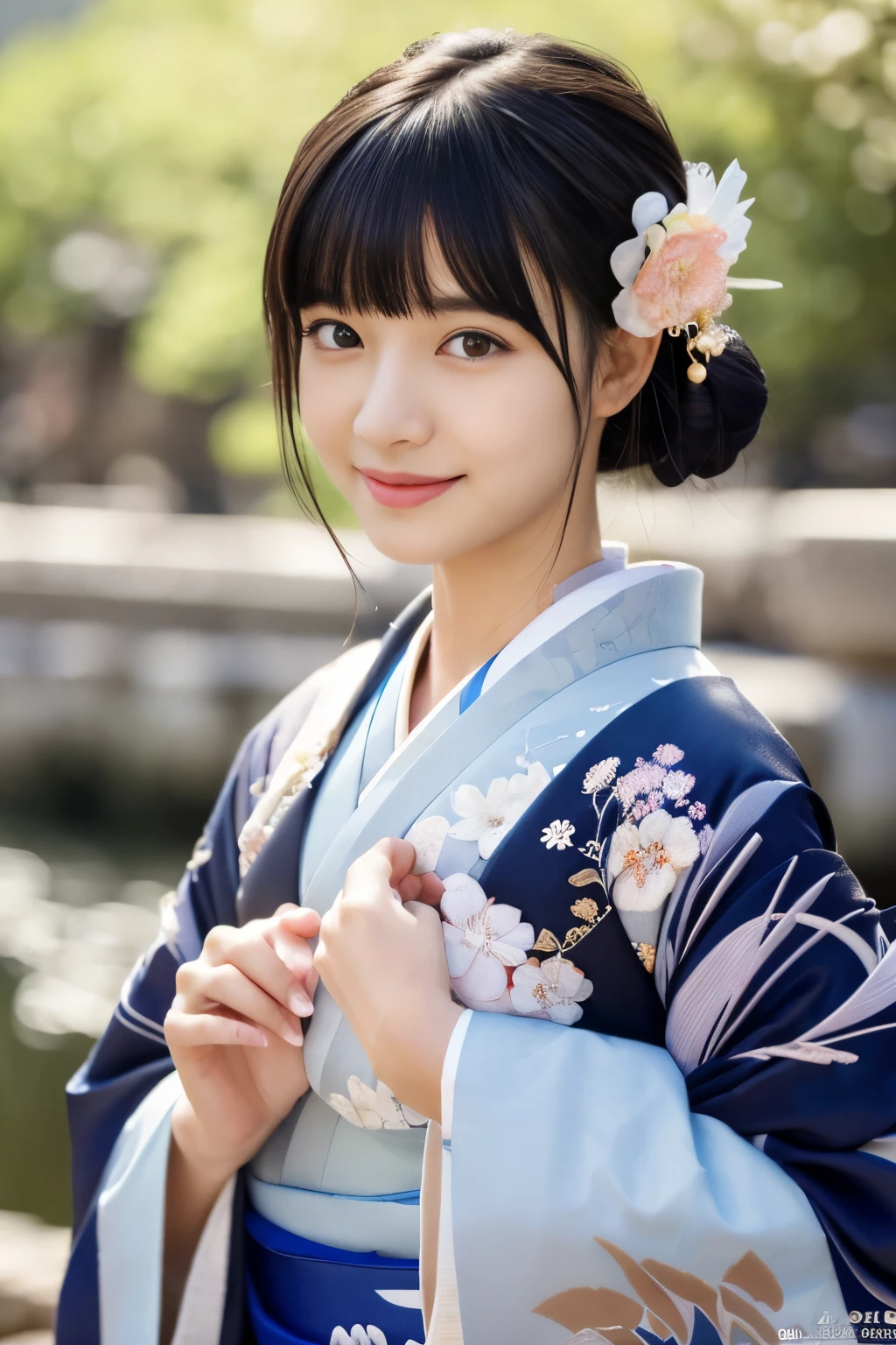 (8k, RAW photo, highest quality, masterpiece:1.2), super detailed, ultra high resolution, (realistic, photo realistic:1.37), portrait, High-definition RAW color photo, professional photos, very delicate and beautiful, very detailed, 8k wallpaper, wonderful, finely, huge file size, official art, very detailed CG unity 8k wallpaper, very detailed beautiful girl, very detailed face, very detailed eyes, very detailed skin, very detailed fingers, very detailed nose, very detailed mouth, perfect anatomy, very detailed背景, very detailed clothing, 1 girl, (18-year-old:1.2), teenage, cute girl, famous japanese idol, cute, (small breasts:1.2), realistic body, , Fair skin, shiny skin, slender body, good figure, black hair, tied hair, (dull bangs:1.2), smile, cute, young, cute face, realistic face, beautiful detailed eyes, droopy eyes, (kimono:1.4), intricate embroidery, earrings, (hair ornaments:1.2), looking at the viewer, cowboy shot, facing the front, standing posture, Contrasting, outdoors, (night:1.4), Japanese style, Kyoto, dynamic lighting,