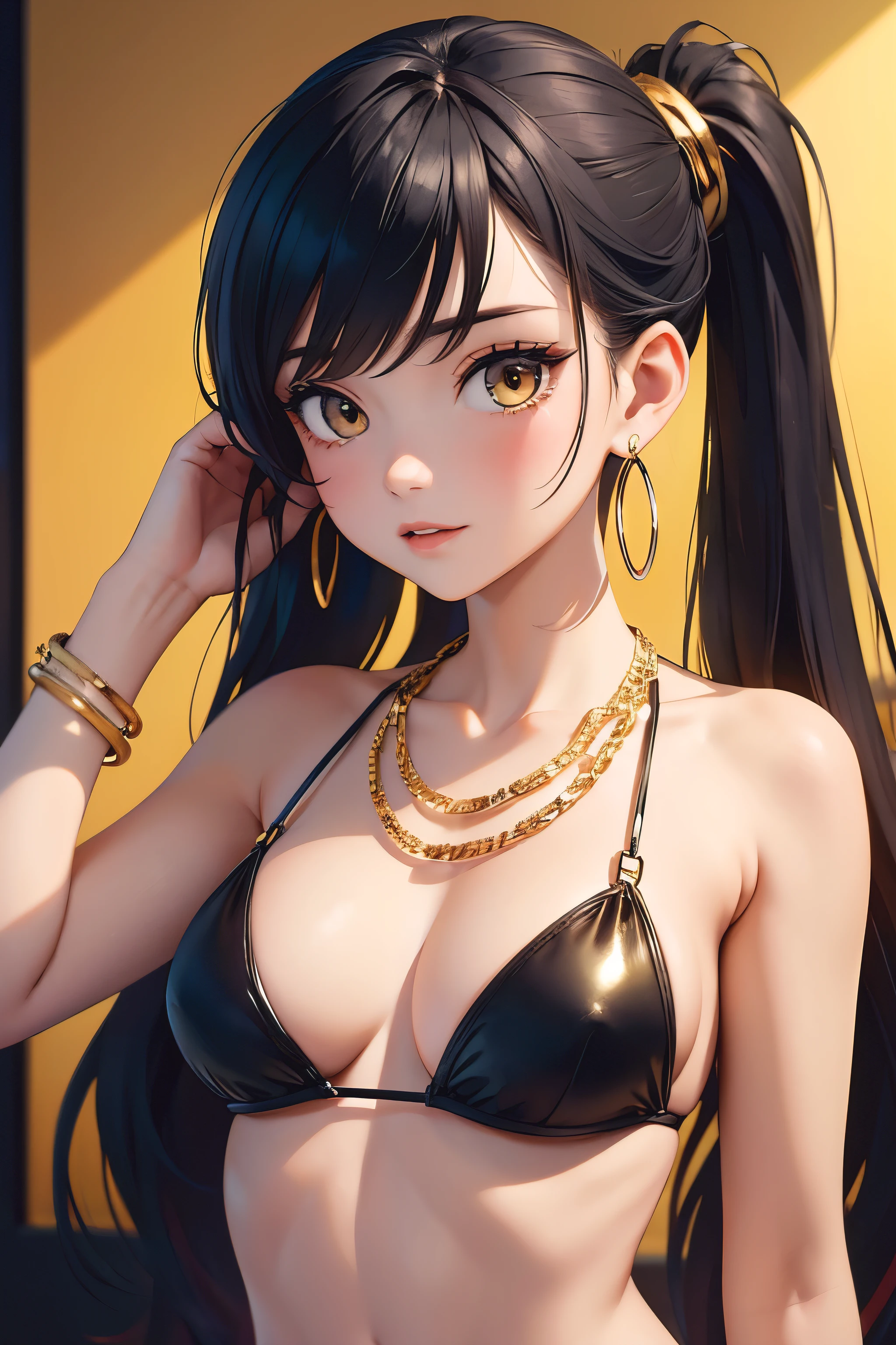 ((((masterpiece)))), high quality, very_high_resolution, large_filesize, full color, bikini, gold eyes, rainbow hair, silver bracelet, Cuban link necklace, cute, adorable, beautiful, high contrast, colorful, 5 fingers, slim body, jewelry, long hair, pony tail, hoop gold earrings, black hair
