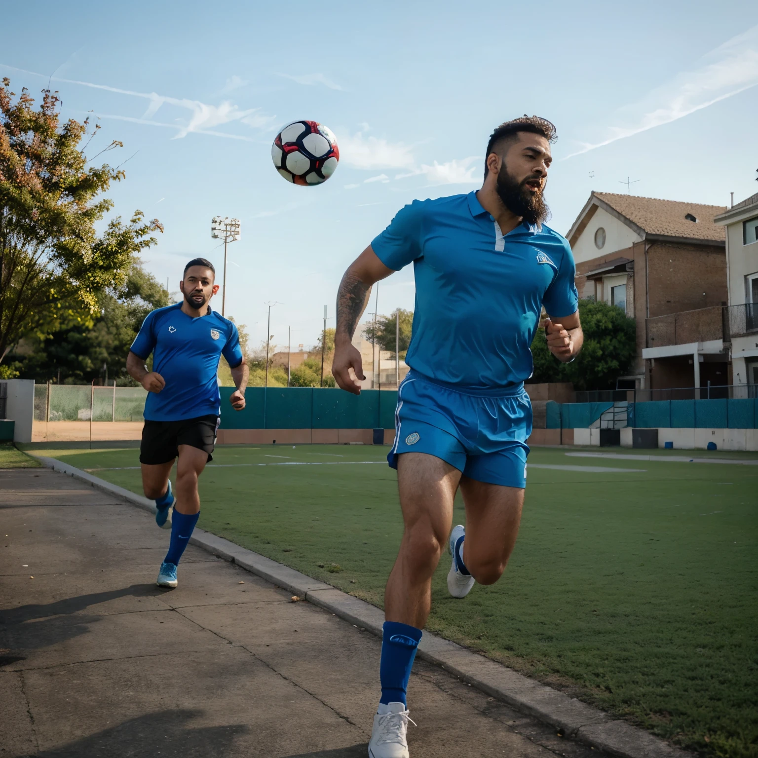 Latin man with blue tail and beard running after soccer ball