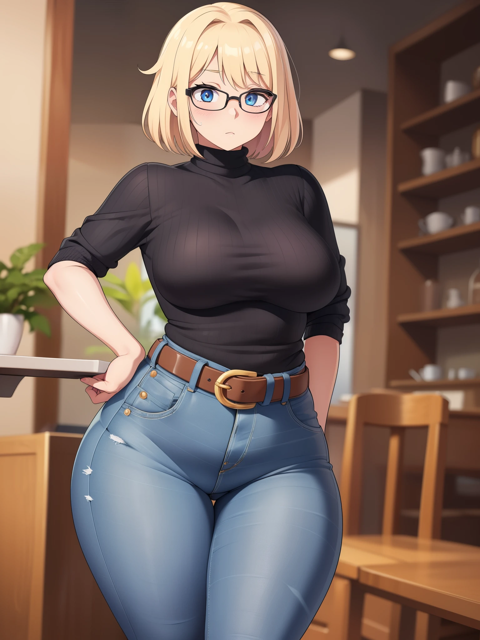 ((Masterpiece)), perfect anatomy, perfect shading, field of depth, (best quality), extremely delicate and beautiful, perfect lighting, detailed face, ultra cute face, cute, (cowboy shot 1.2), full body, (((1girl))), ((solo)), looking at viewer,
short hair, fluffy hair, blonde hair, blue eyes, Glasses, ((blush)), shy, nervous (black turtleneck sweater 1.5), (jeans 1.2), belt, extremely tight clothes, medium breasts, ((wide hips)), (((thick thighs))), ((curvy)),
cafe, intricate background, detailed background, hand on hip, holding coffee cup,