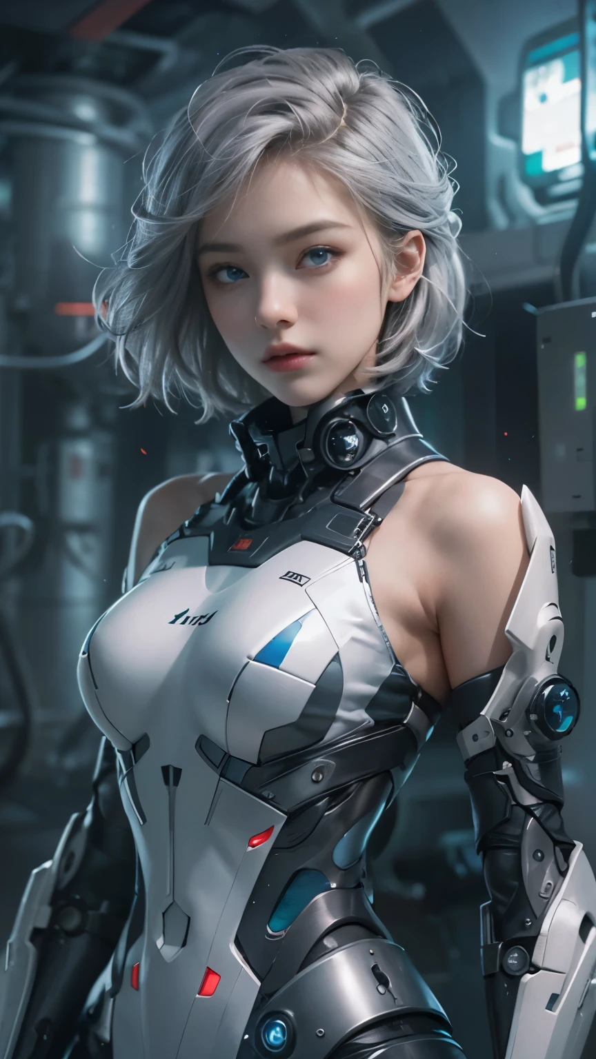 best image quality, excellent details, ultra high resolution, (realism: 1.4), best illustrations, Favor details, condensed 1girl, With a delicate and beautiful face, Dressed in a black and silver mecha, wearing a mechanical helmet, with directional controller, riding a motorcycle, cool beauty,tall girl,short hair,silver hair,Accurately express details such as faces and skin textures,beautiful eyes, blue eyes,double eyelid,delicate skin,slender body shape,alone,medium breasts,The background is a high-tech lighting scene of a futuristic city.