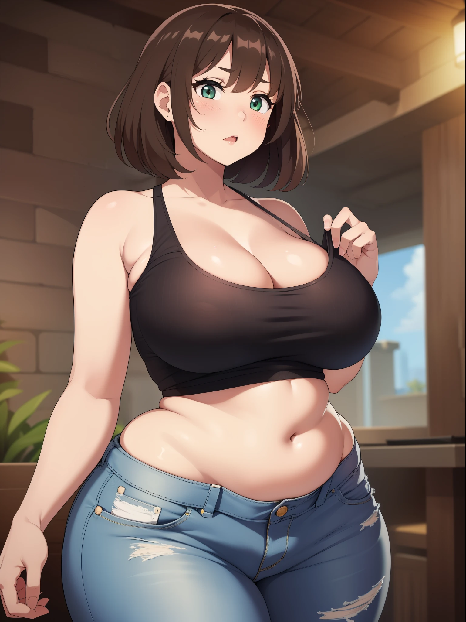 ((high res)), (Masterpiece), perfect anatomy, perfect shading, field of depth, (best quality), extremely delicate and beautiful, perfect lighting, detailed face, ultra cute face, cute, (cowboy shot 1.2), looking at viewer, full body, ((1girl)), ((solo)),

has short hair, fluffy hair, brown hair, green eyes, ((blush)), embarrassed, surprised, (white tank top 1.2), (jeans 1.2), extremely tight clothes, medium breasts, cleavage, perky breasts, (((wide hips))), ((thick thighs)), , (chubby), chubby belly, fat rolls, belly hang,

Fast food restaurant, intricate background, detailed background,