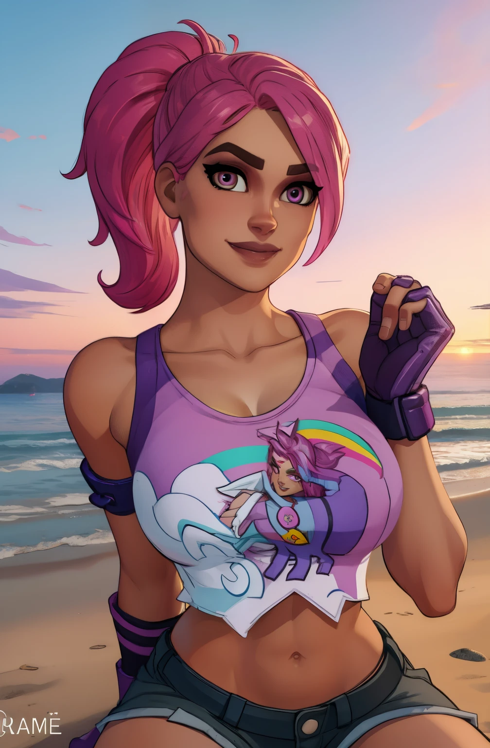 bebmber, pink hair,  ponytail,  brown eyes,  lips,  light smile,  
 crop top,  navel,  short shorts, fingerless gloves,  purple gloves,  collarbone, 
 upper body,  toned,  from below,  sitting,  cleavage, 
looking at viewer,  
beach party,  dusk, 
(insanely detailed, beautiful detailed face, beautiful detailed eyes, masterpiece, best quality), solo,
 