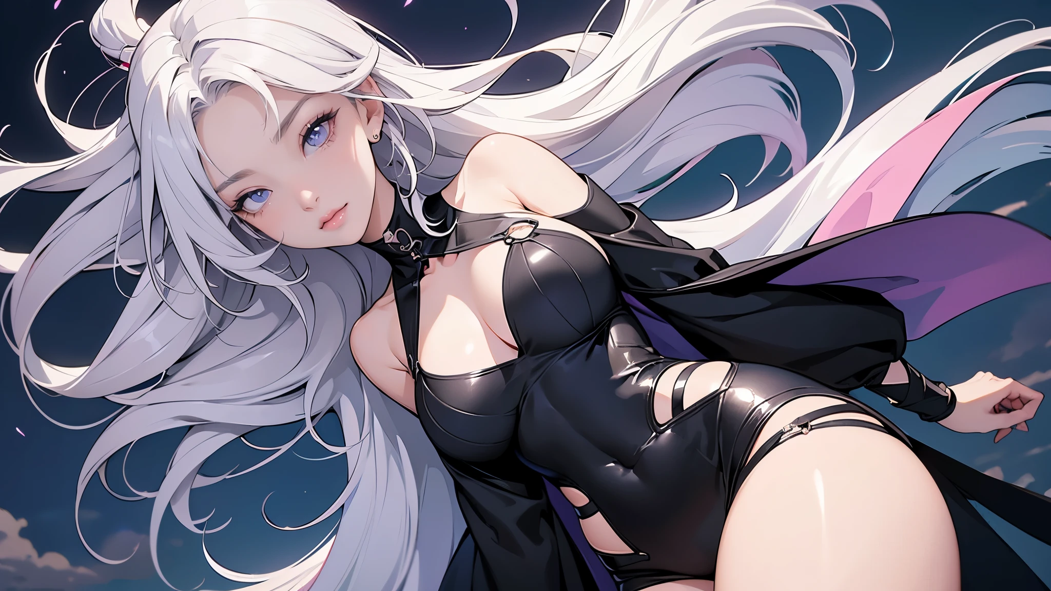 (a woman full body, white hair, in black open dress, tight clothes,glowing blue alluring eyes, thick thighs, very thin waist, slim hips, open legs), ((anime-style artwork, thick lineart, thick line-art, 2.5D style),colorful shades, Hyper detailed, highly detailed face, 4k face, clean, vibrant colors, extremely detailed with rich colors), (mature girl), (she is in tokio city), (the sky is clouded, with glowing pink and purple clouds, a giant moon), ((depth of field)), (masterpiece:1.2, best quality), (extremely detailed CG, ultra-detailed, best shadow:1.1), ((solo))
