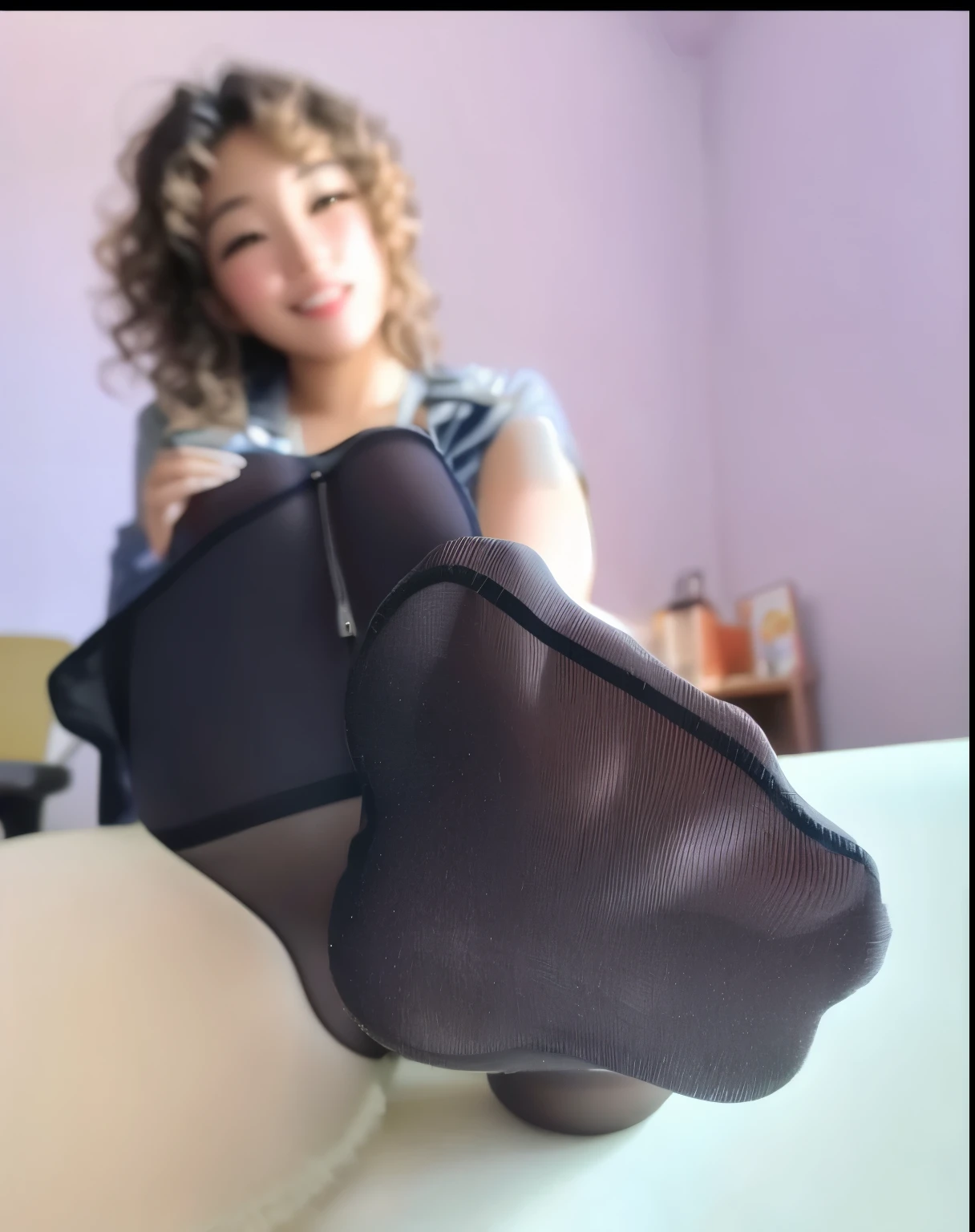 Smiling Asian girl in pantyhose, curly hair