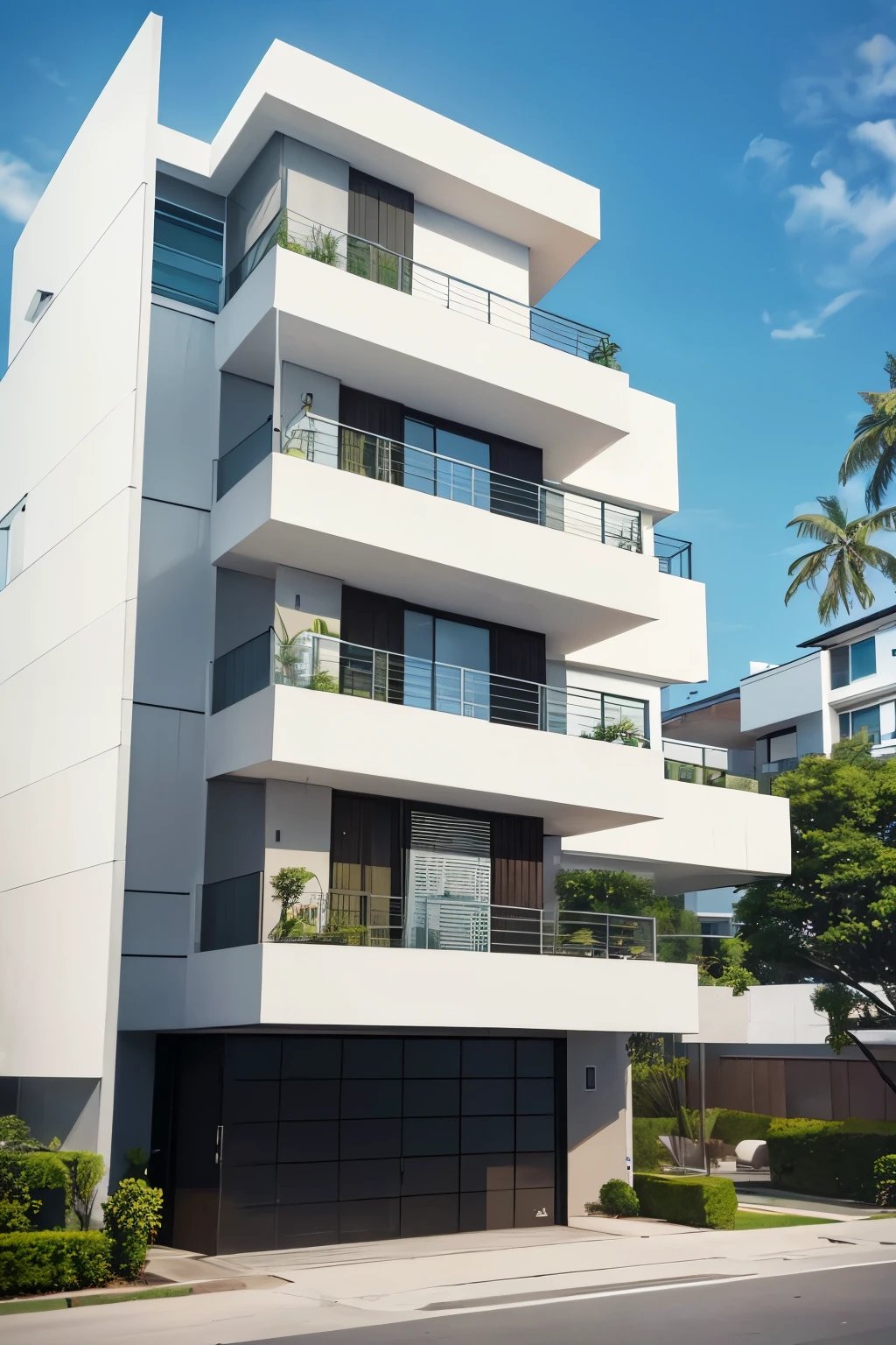 modern 5 story residential building, outdoor, (residential architecture exterior:1.3), 1 house architecture, (elegant), Thai tropical modern house style, white wall and glass and rock and black steel and wood, white background, isometric perspective.