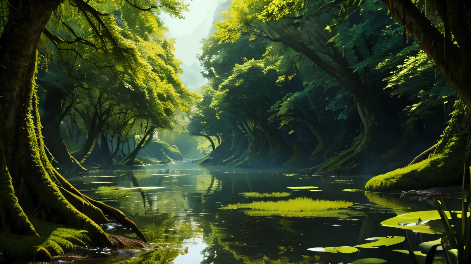 dungeons and dragons landscape image high quality 4k anime murky muddy watery overgrowth underbrush swamp vines moss biome