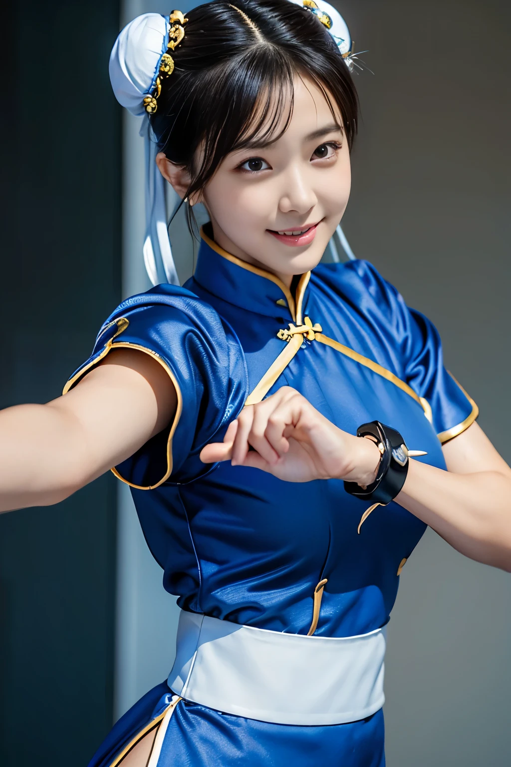 Chun-Li from Street Fight II,perfect chun li costume,Blue cheongsam with gold lines,Bun head,bun cover,fighting pose,masterpiece、1 beautiful girl、fine eyes、puffy eyes、highest quality, 超High resolution, (reality: 1.4), movie lighting、Japanese、asian beauty、Korean、super beautiful、beautiful skin、body facing forward、close up of face、(超reality的な)、(High resolution)、(8k)、(very detailed)、(美しくfine eyes)、(Super detailed)、 (wall-)、detailed face、bright lighting、professional lighting、looking at the viewer、look straight ahead、slanted bangs、Nogizaka Idol、korean idol、masterpiece, highest quality, masterpiece, highest quality, perfect face, perfect brown eyes with white sclera, bad move-5, alone, 1 girl, Upper body, brown hair, From SF2, Chinese service, smile, muscular woman, blue clothes, pantyhose, pelvic curtain, Puffy short sleeves, Good cover, sash, evaluation:safety