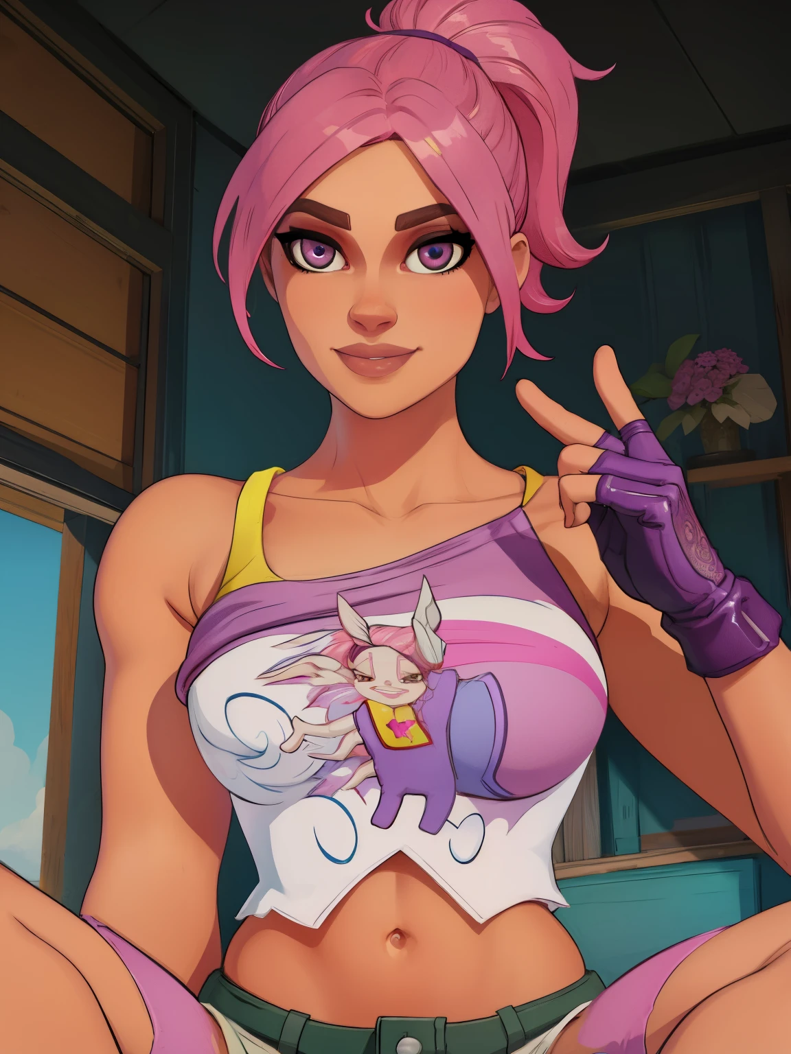 bebmber, pink hair,  ponytail,  brown eyes,  lips,  light smile,  
 crop top,  navel,  short shorts, fingerless gloves,  purple gloves,  collarbone, 
 upper body,  toned,  from below,  sitting,  cleavage, 
looking at viewer,  
beach party,  dusk, 
(insanely detailed, beautiful detailed face, beautiful detailed eyes, masterpiece, best quality), solo, detailed fingers, ((brasier))
 