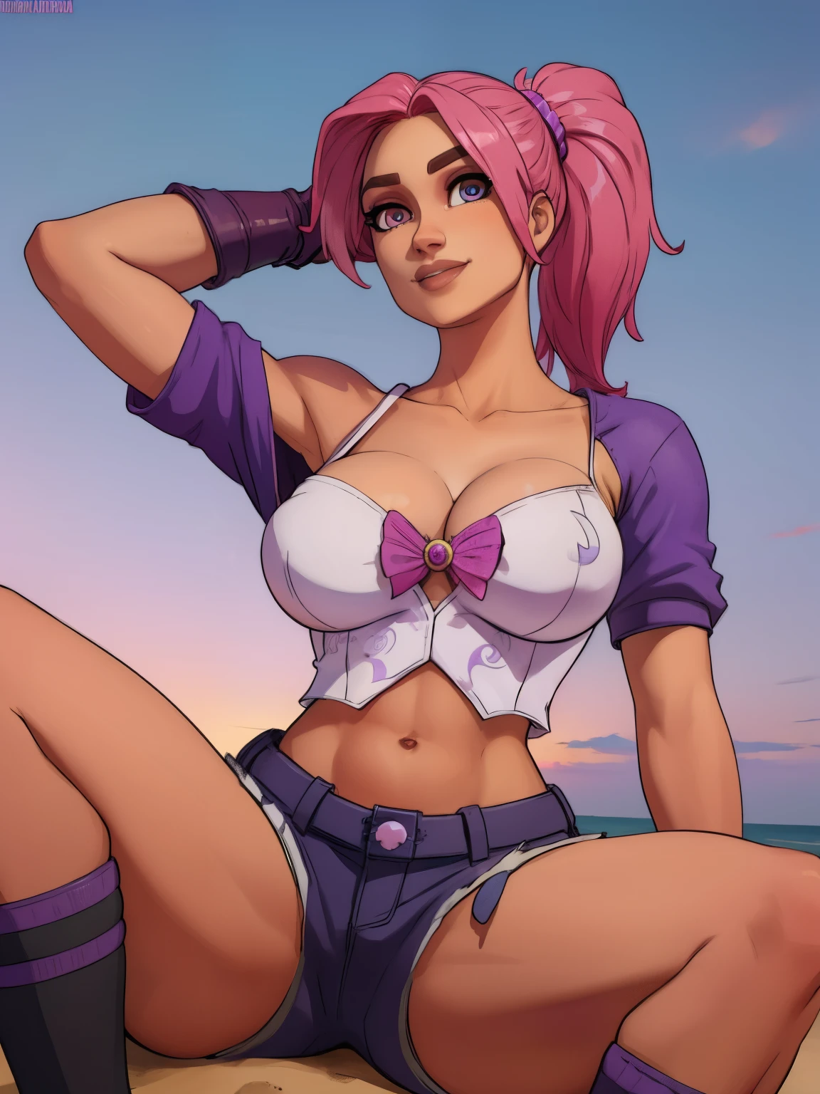 bebmber, pink hair,  ponytail,  brown eyes,  lips,  light smile,  
 crop top,  navel,  short shorts, fingerless gloves,  purple gloves,  collarbone, 
 upper body,  toned,  from below,  sitting,  cleavage, 
looking at viewer,  
beach party,  dusk, 
(insanely detailed, beautiful detailed face, beautiful detailed eyes, masterpiece, best quality), solo, detailed fingers, ((brasier))
 