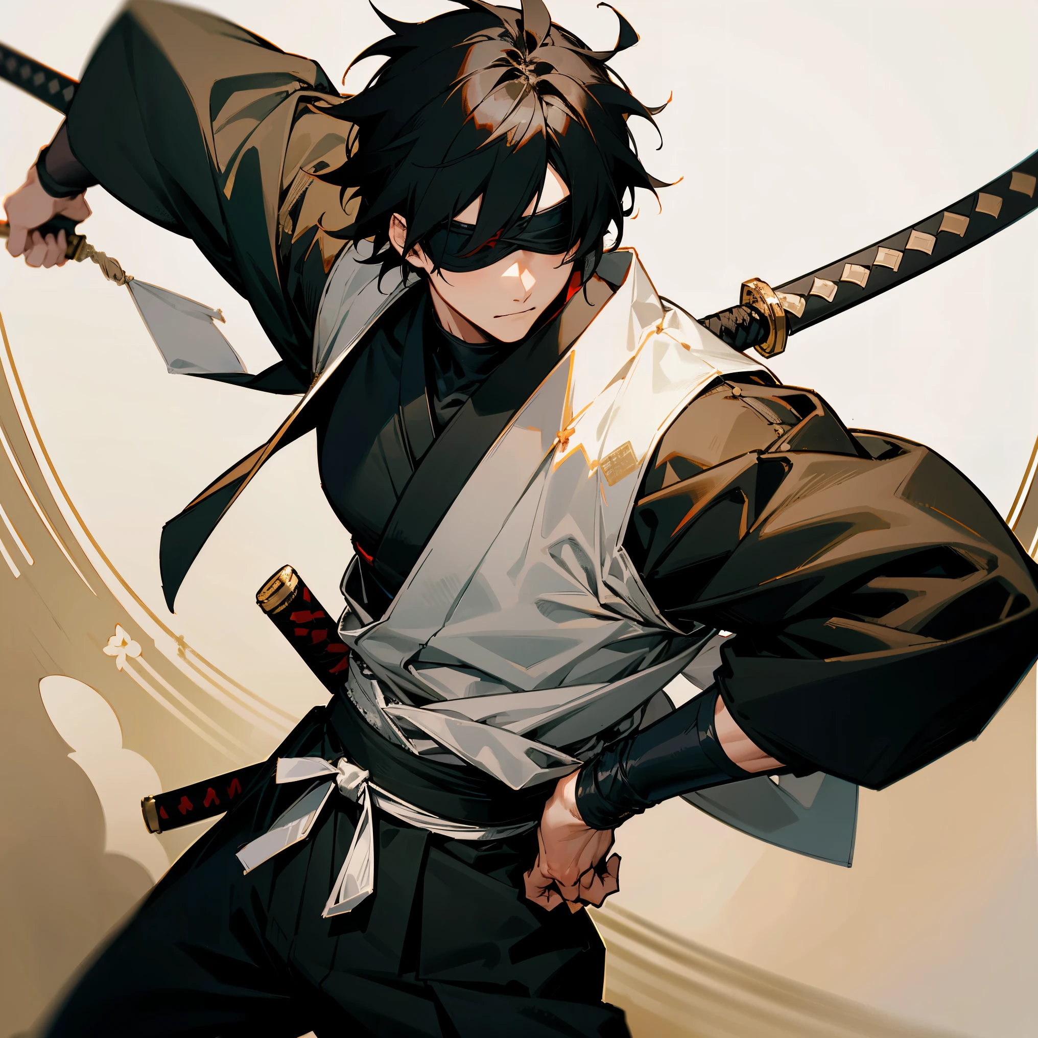 1male , Ninja Clothing , Messy Black Hair , Black blindfold , White and Gold Yukata , Dojo Background , Young Male , Combat Clothing , Sword Hilt on hip , Katana on hip