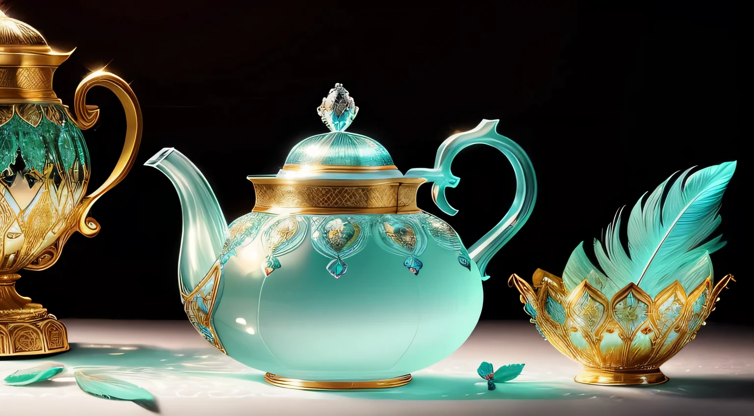 One crystal teapot, jeweled feathers, mint leaves, opalescent, glory, breath taking beautiful, graceful, elegant, stunning, photo, shiny, iridescent, (masterpiece), (best quality) (detailed) (8k) (HDR) (cinematic lighting) (sharp focus) (intricate), HDR, hyper-realistic, color graded, beautiful, realistic picture, ultra high quality, stunning, valuable treasure, flowers 