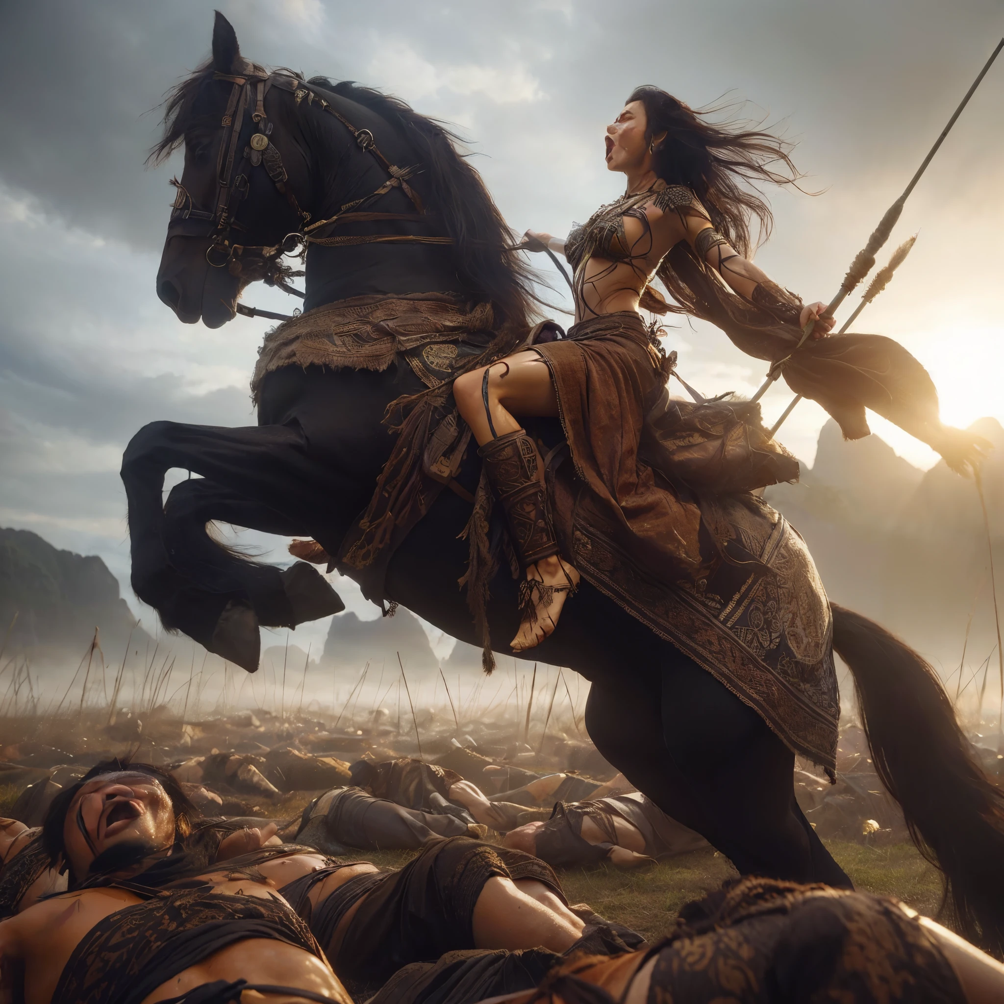 super low angle shot,beautiful Asian warrior woman,brown skin,black long hair,sweating,scratches,shout
riding a black Morgan horse is legs raised into the air,a brown cloth,wearing a batik patterned trouser loincloth and a thin brown shawl,holding a spear,shoulders wearing ethnic patterned gold accessories,background of thousands of enemies sleeping on the floor,battlefield,mountains,grass,smoke,ultra detailed on face,light focused on face,sunset,hyperrealistic,UHD32K.