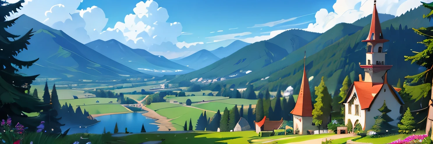 (masterpiece), (highest quality) Mushroom kingdom in the background, Giant mushrooms on the background, detailed background, Castle with pink roof on the background mountains, cartoon style,