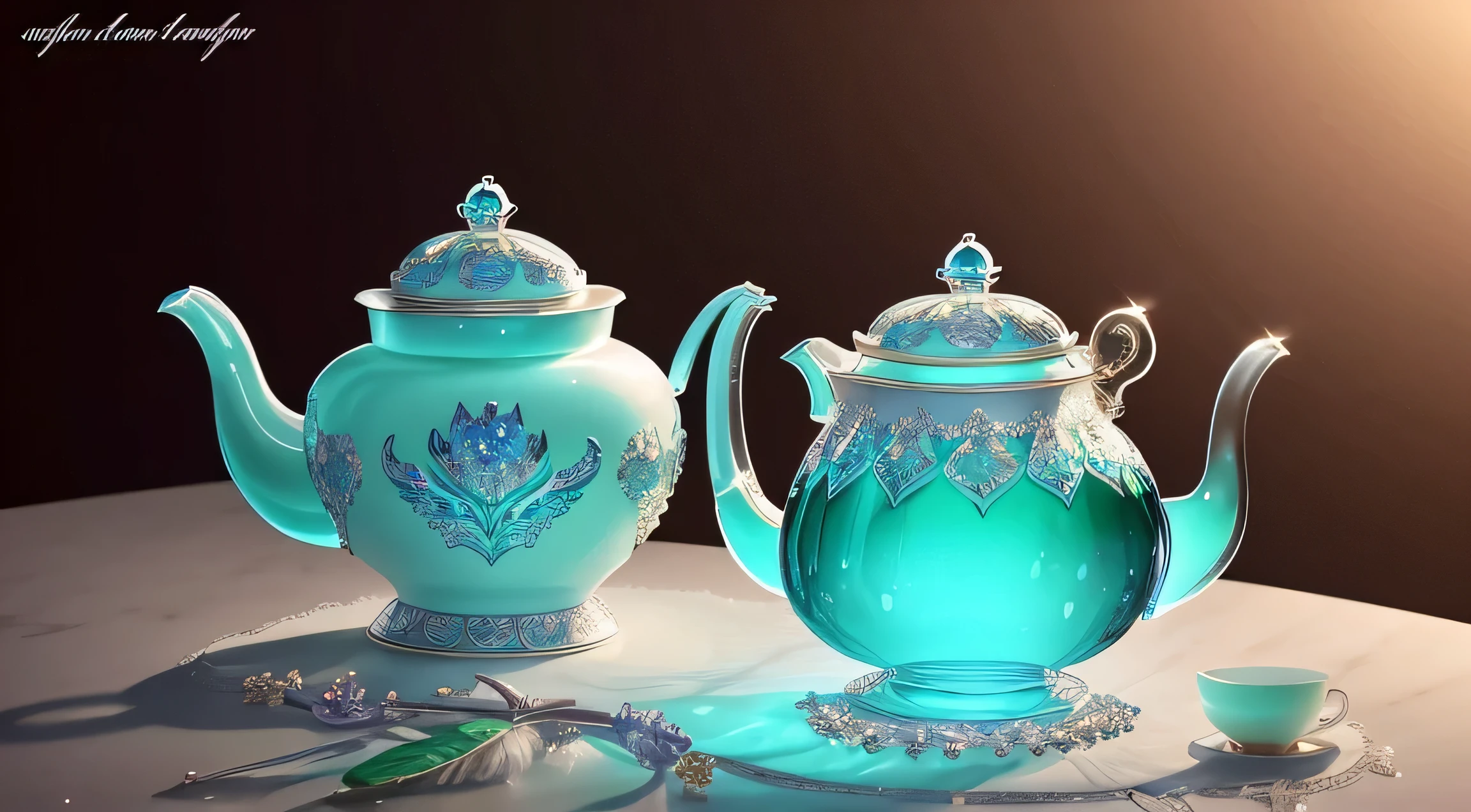 One crystal teapot, jeweled feathers, mint leaves, opalescent, glory, breath taking beautiful, graceful, elegant, stunning, photo, shiny, iridescent, (masterpiece), (best quality) (detailed) (8k) (HDR) (cinematic lighting) (sharp focus) (intricate), HDR, hyper-realistic, color graded, beautiful, realistic picture, ultra high quality, stunning, valuable treasure, flowers