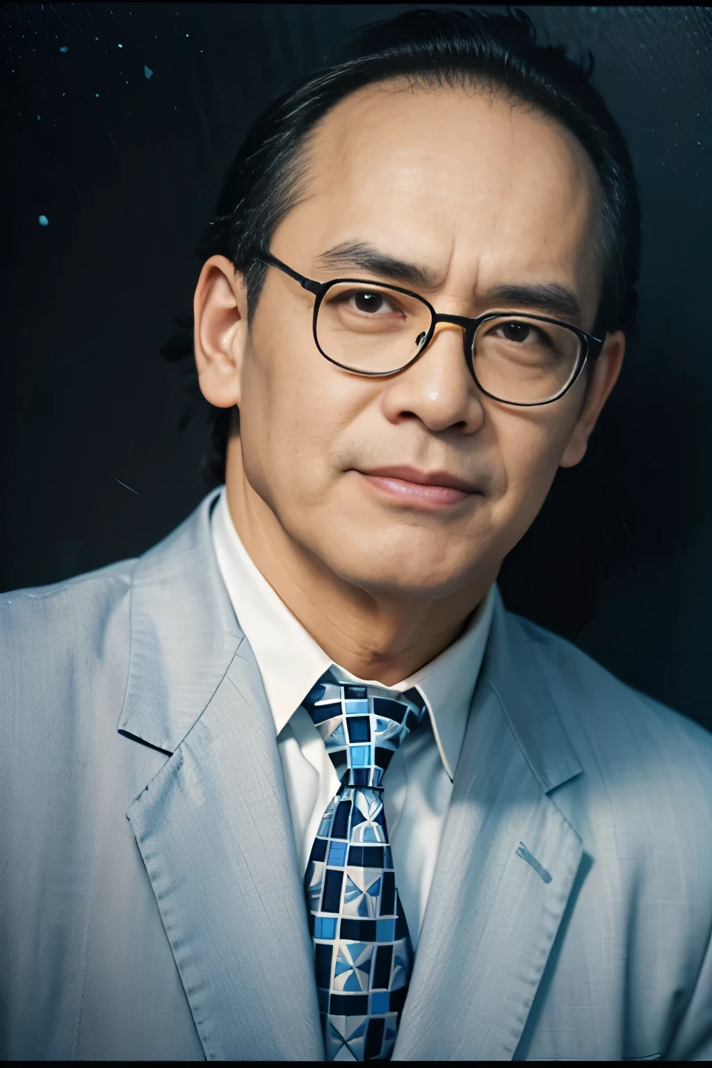 Highly realistic photo, ((masterpiece), (best quality), (raw photo), (photorealistic:1.4), Portrait of Vietnamese old man, 65 years old, ((black hair)), ((wearing a dark suit)),tall bald hair, wears glasses, ((blue gradient background)), photo taken by Sony A7IV